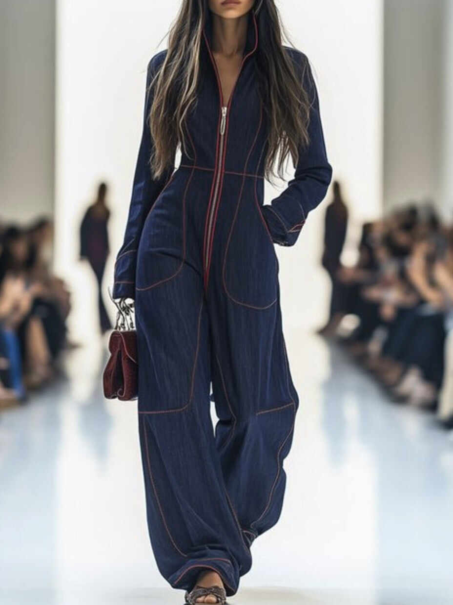Long Sleeves Wide Leg Zipper Stand Collar Jumpsuits