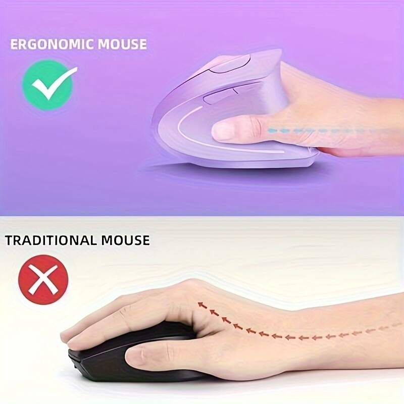 Ergonomic Wireless Mouse, Purple Rechargeable Vertical Mouse With USB Receiver, 6 Buttons For Laptops (Purple, Right Handed)