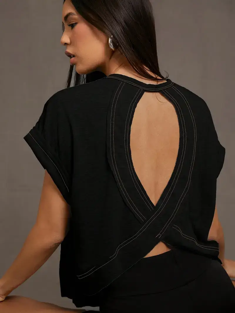 Women's Plain Cut Out Asymmetrical Hem Batwing Sleeve Tee, Elegant Casual Short Sleeve Round Neck T-Shirt for Summer, Ladies Clothes for Daily Wear