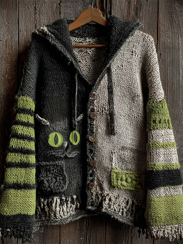 Halloween Black Cat Contrast Striped Hooded Cozy Knit Cardigan