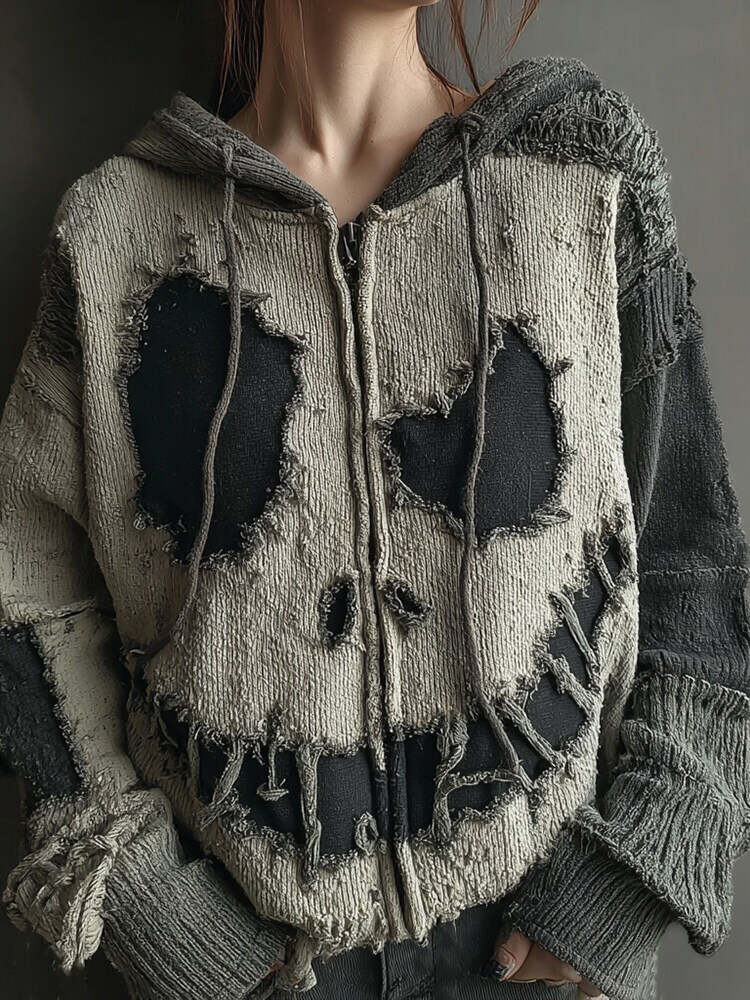 Halloween Spooky Smiley Face Knitted Warm Hooded Zip-up Sweater