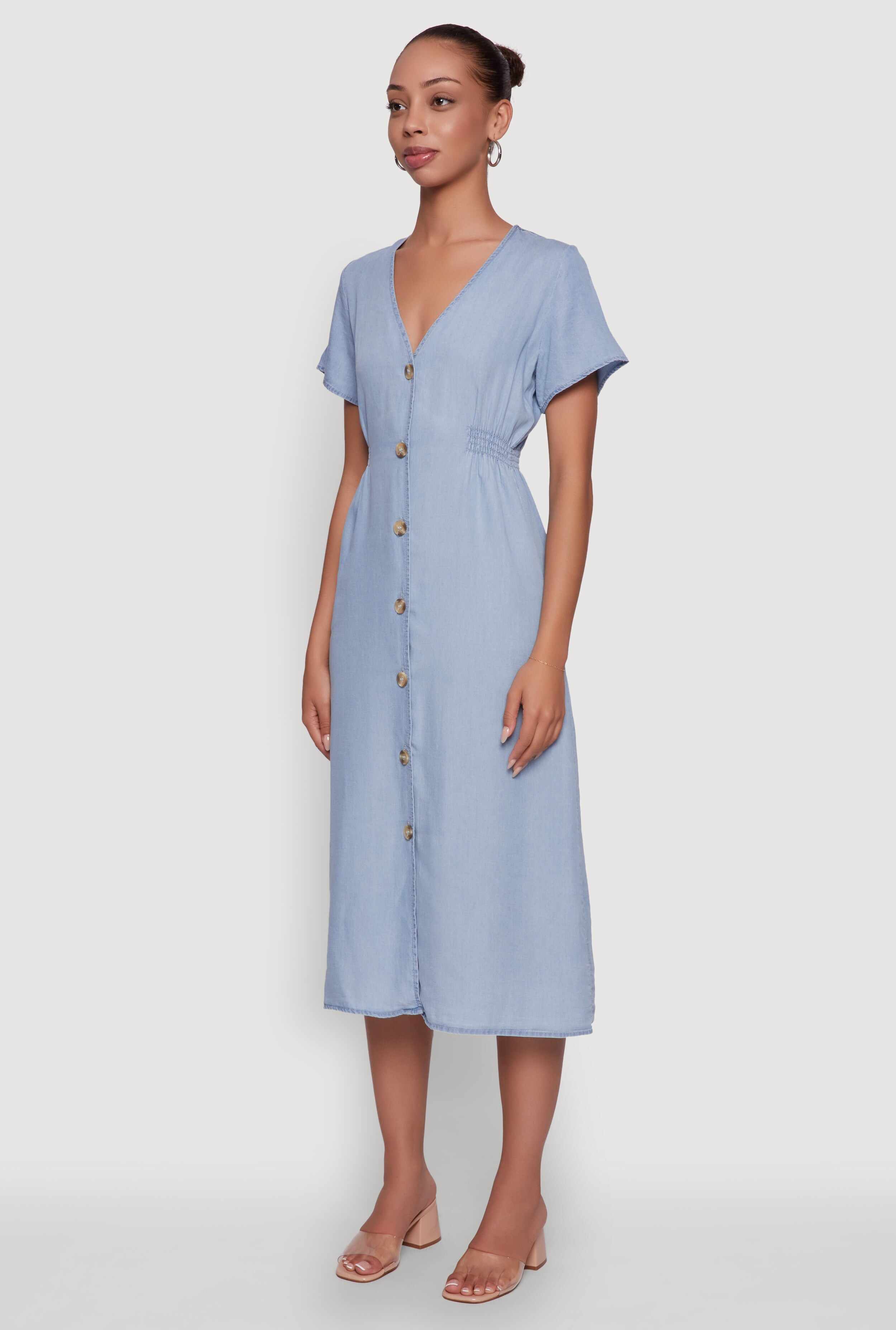 Chic Short Sleeve V-Neck Shirt Dress with Button Front