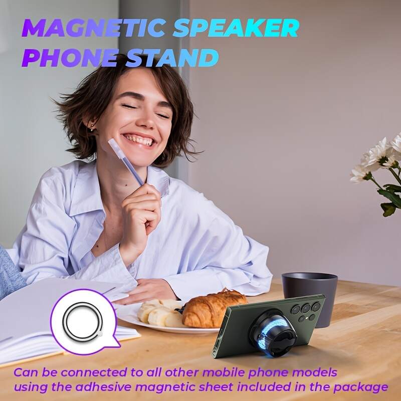 1pc Mini Speaker, Magnetic Wireless Speaker, Phone Holder, Configured with 2 Sticky Magnetic Rings And 1 Lanyard, Suitable for Multiple Scenarios - Shower, Car, Bicycle, Outdoor Portable Mini Speaker System, Multi-purpose Installation