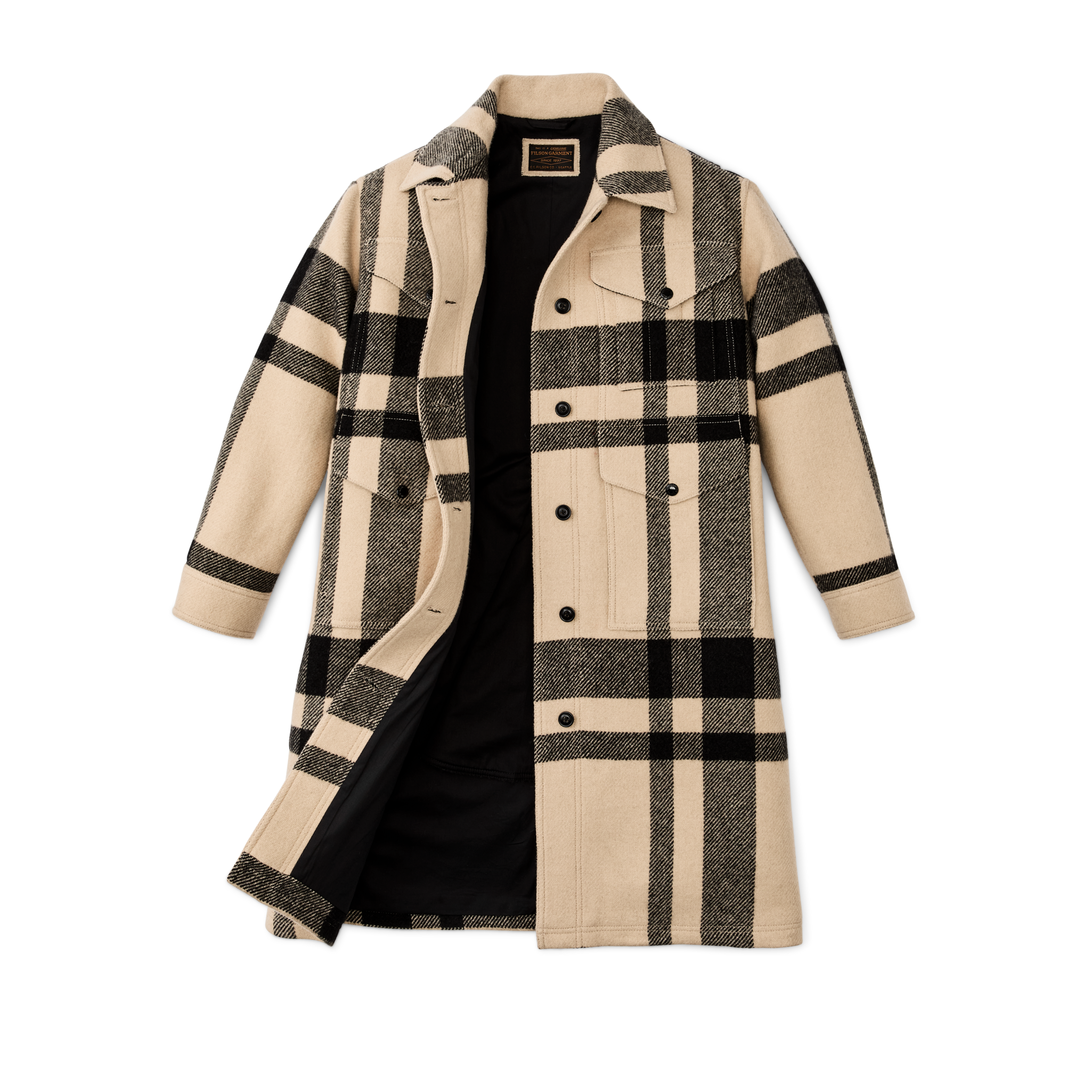 Women's Wool Long Cruiser Coat - Natural / Black Plaid