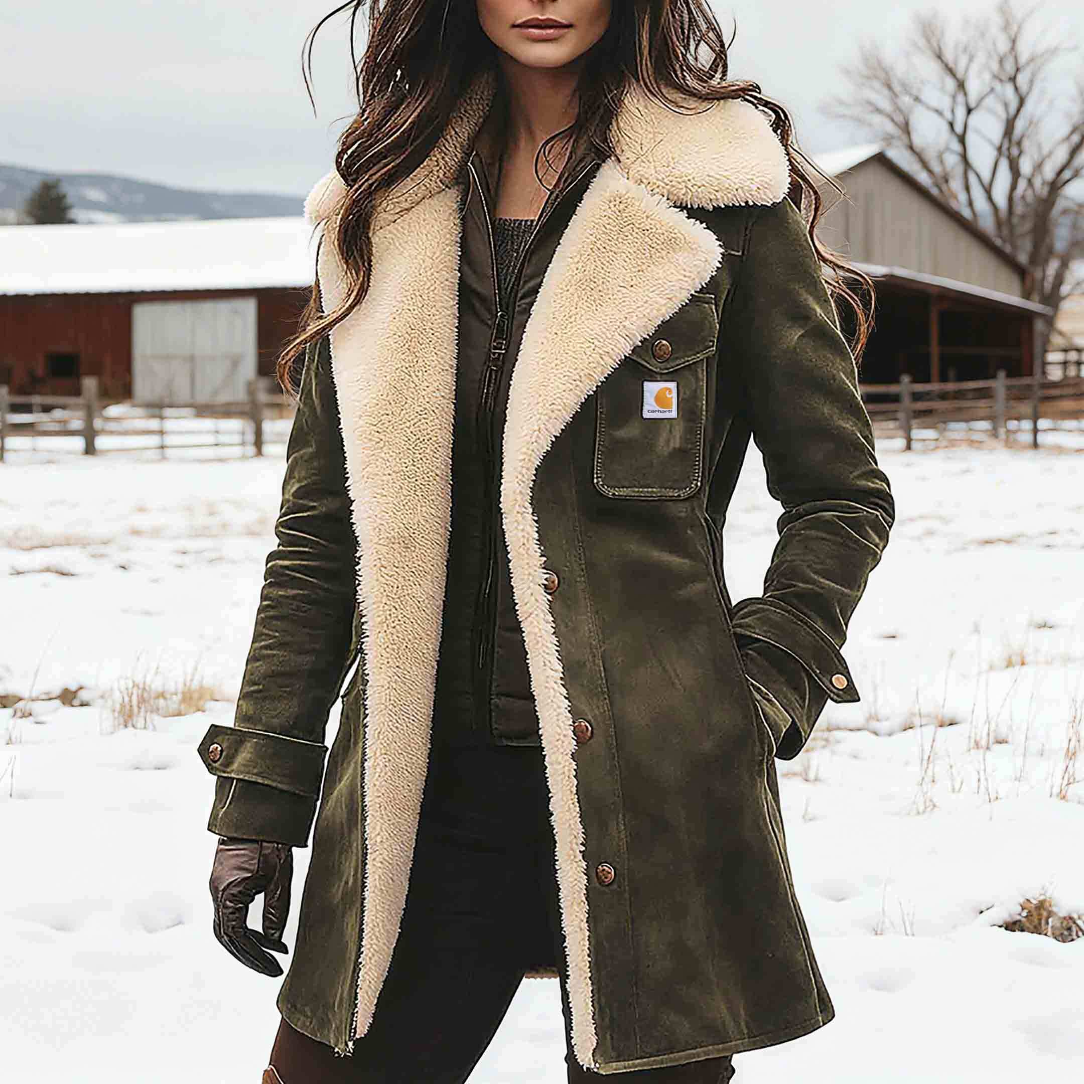 Women's Carhartt Vintage Brown Suede Fleece Lapel Collar Mid-Length Shearling Coat Jacket
