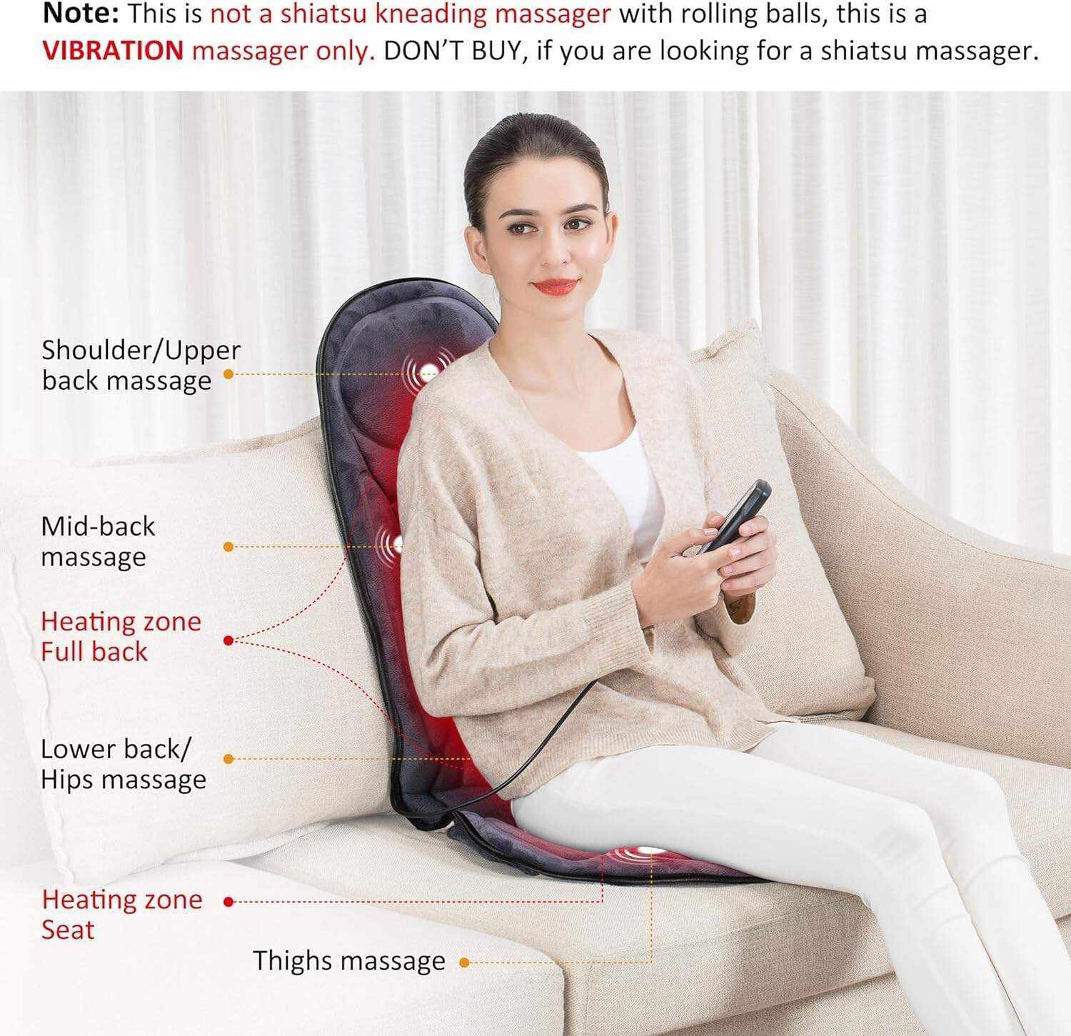 Snailax Vibration Massage Seat Cushion, Back Massager for Chair with Heat, 6 Vibrating Motors and 2 Heat Levels, Massage Chair Pad for Home Office use, Christmas Gifts for Men, Women