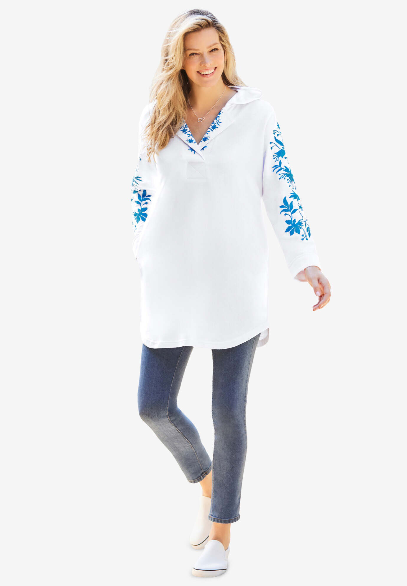 Embroidered Split-Neck Sweatshirt Tunic