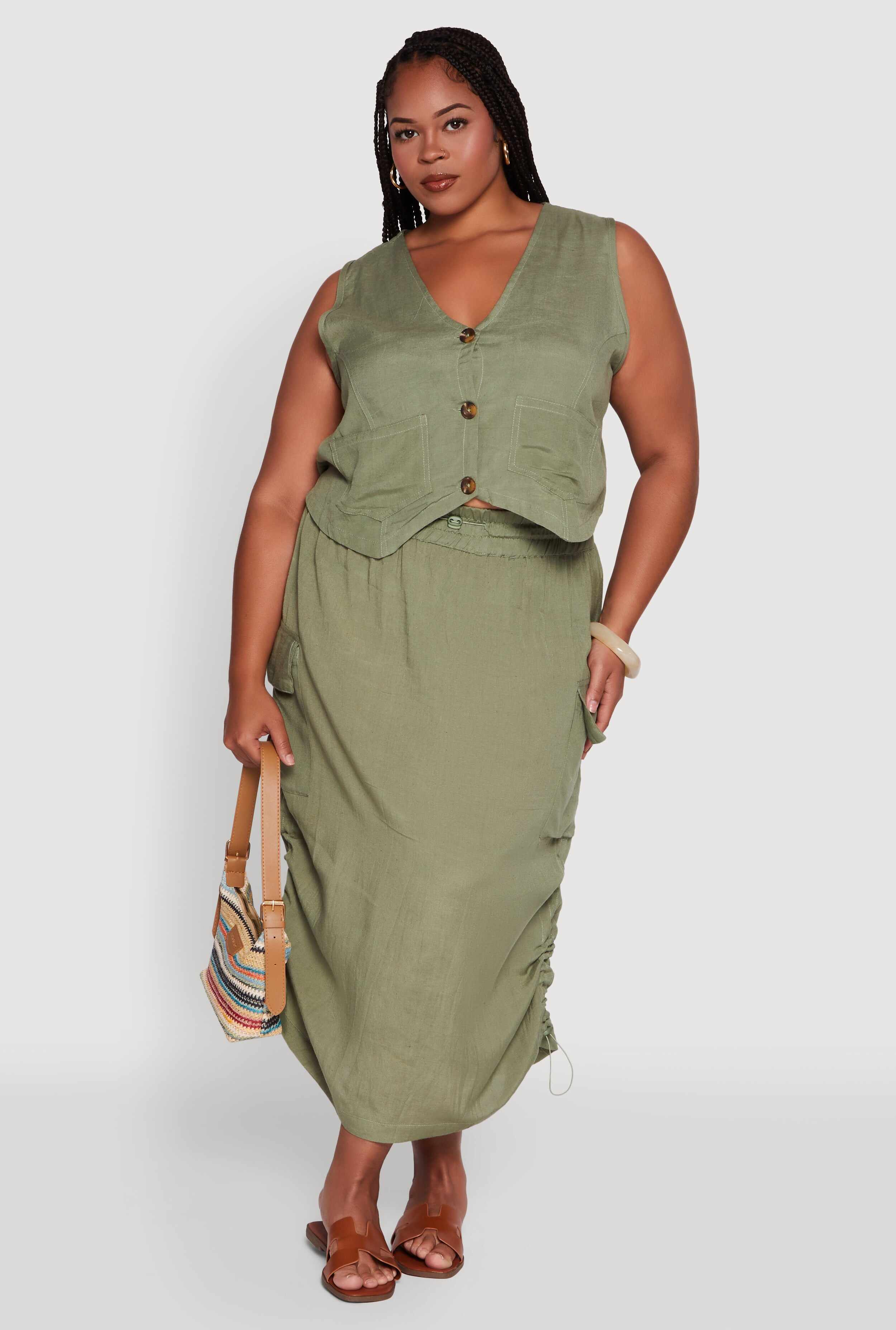 Plus Size Linen V-Neck Cropped Vest