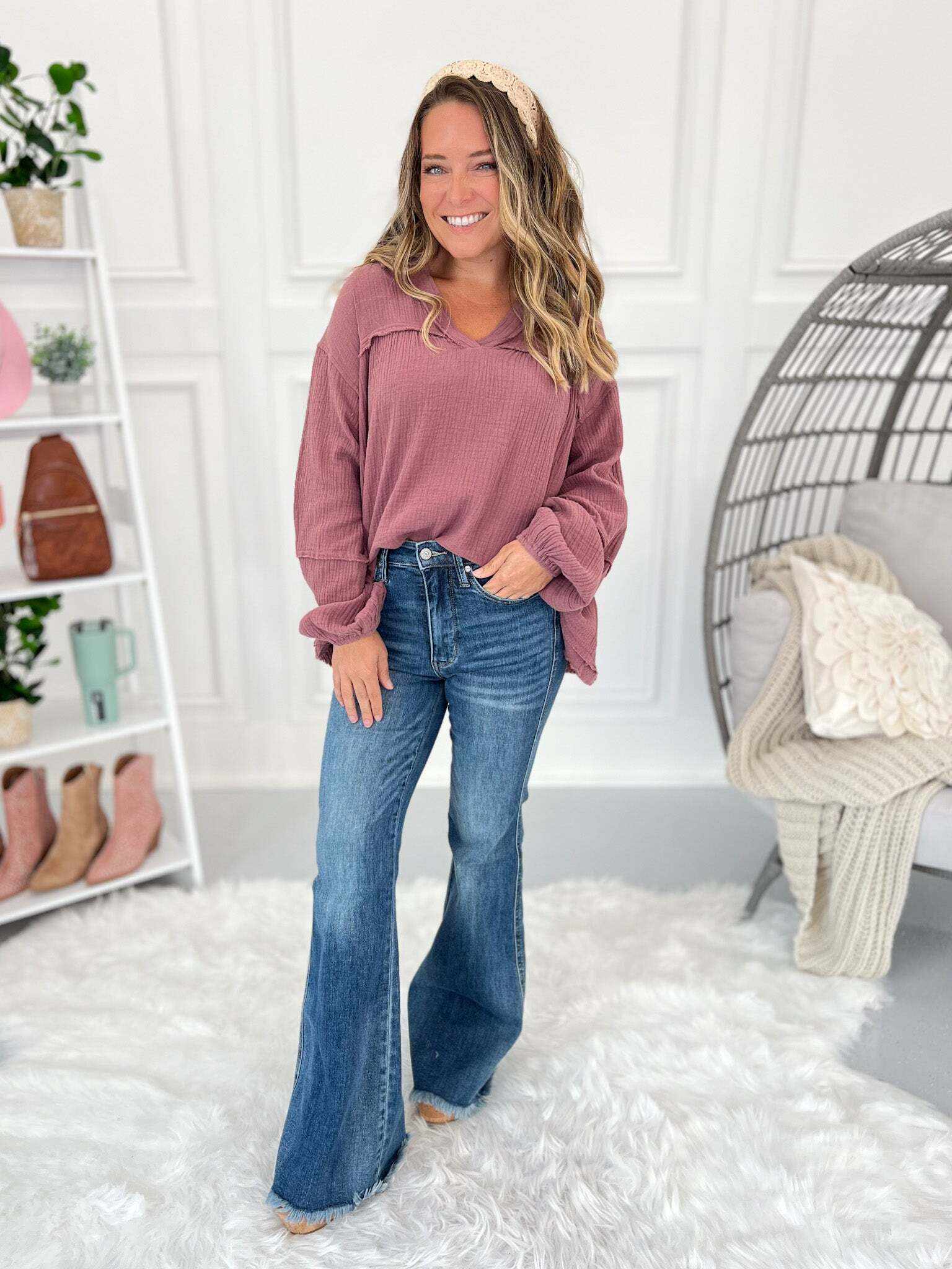Christmas Tummy Control Fray Hem Flare Jeans- Final Sale