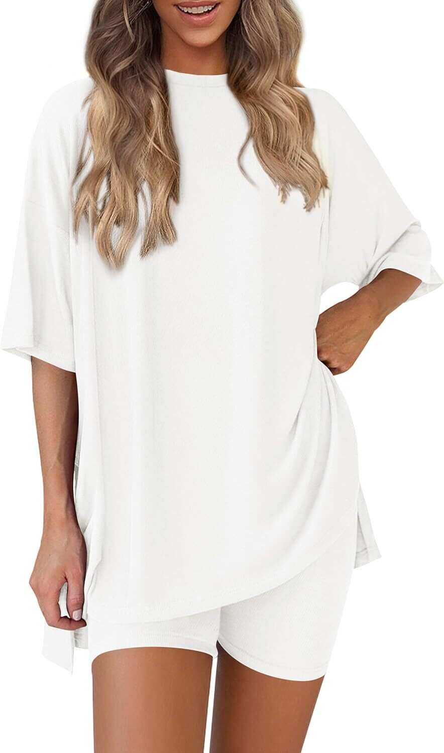 🔥Flash sale🔥Women's Two Piece Lounge Set 2026 Summer Casual Oversized Shirts  Biker Shorts Matching Airport Travel Outfit