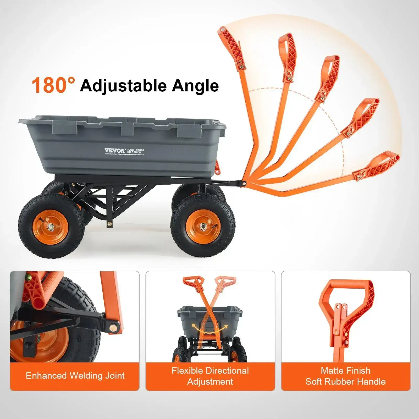 Polyethylene Garden Dump Cart – Features an easy-to-assemble steel frame, a 2-in-1 convertible handle, and 13-inch tires; 1,500 lb maximum load capacity.
