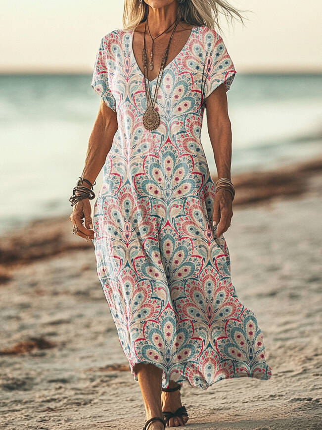 Women's Vintage Floral Art Print Pocket Cotton Dress