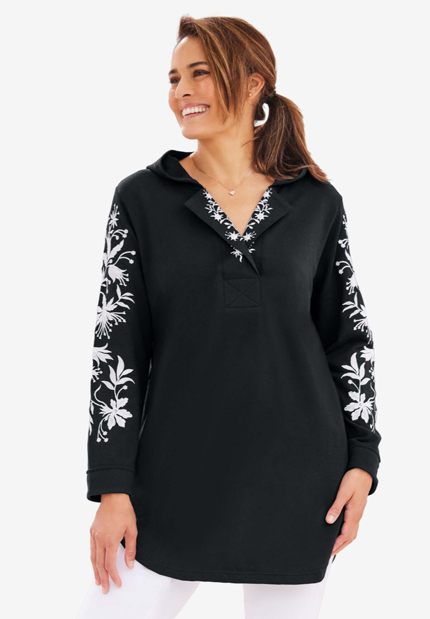 Embroidered Split-Neck Sweatshirt Tunic
