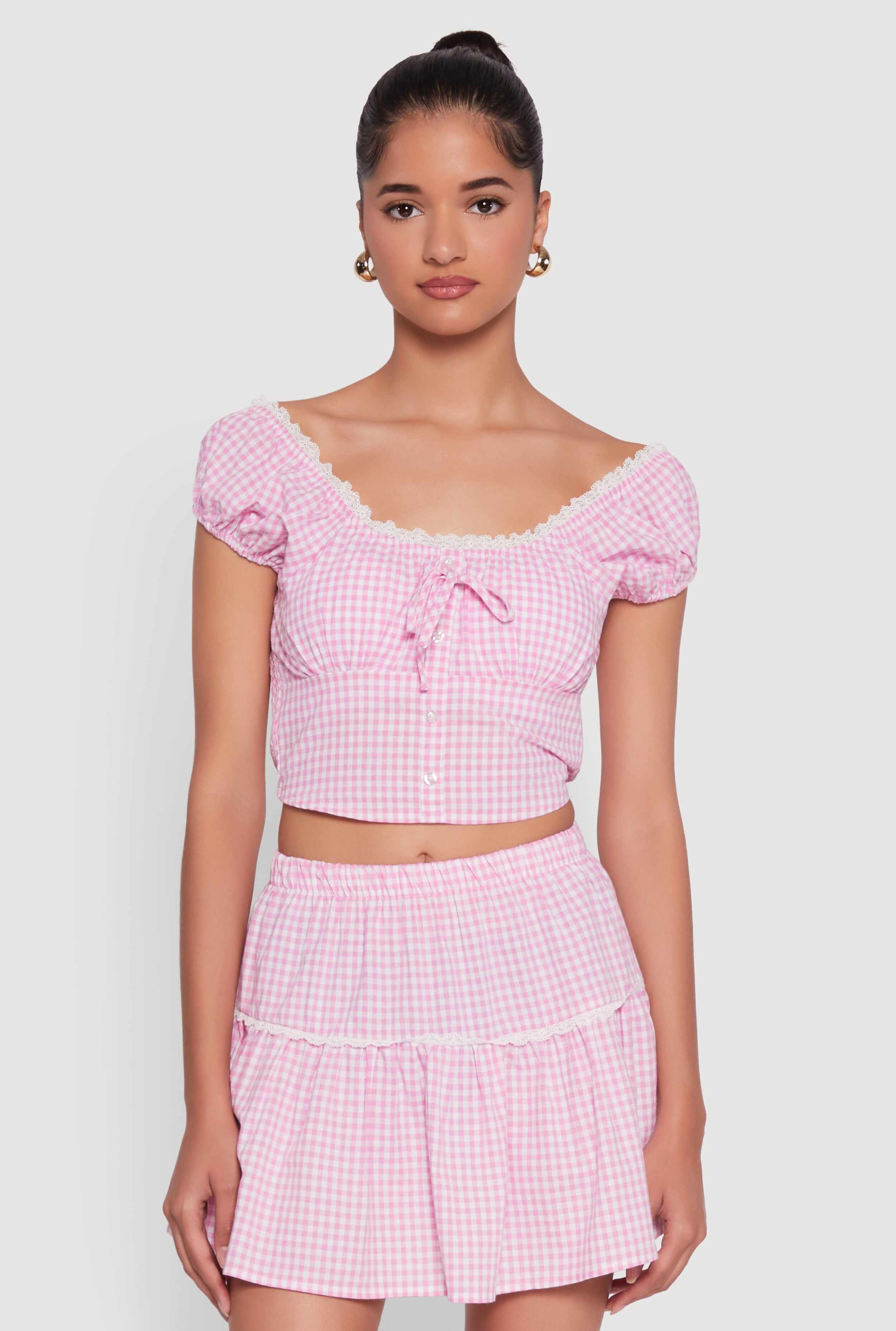 Lace Detail Gingham Puff Sleeve Crop Top