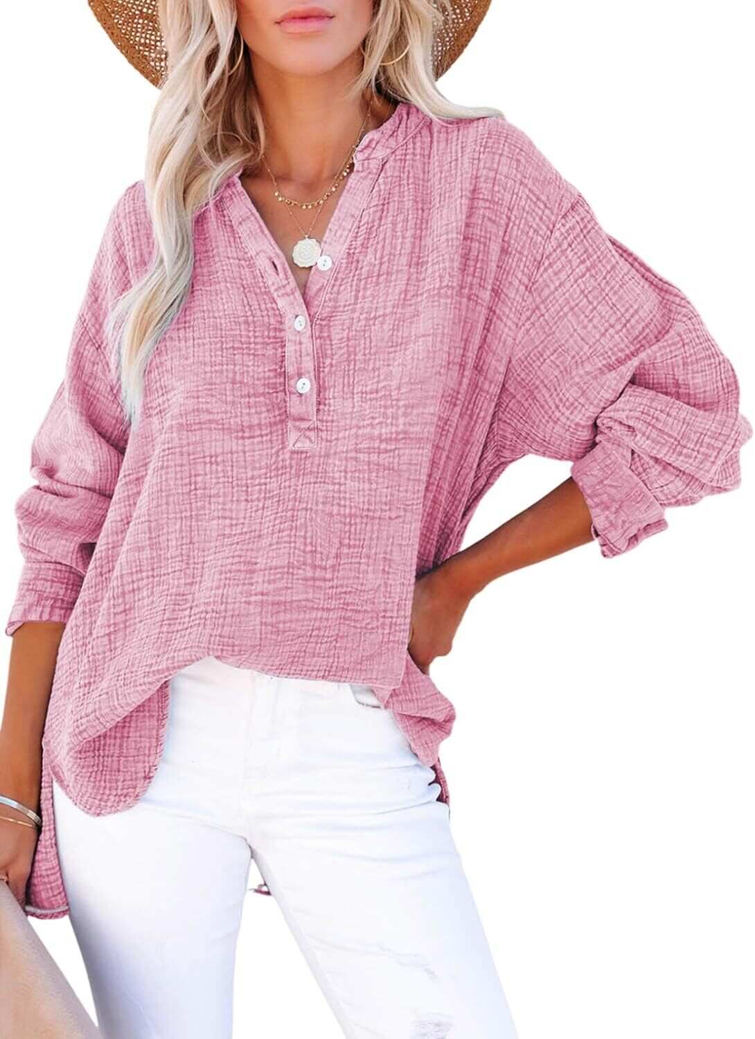 🔥10-Pack Womens Casual Gauze Button Neck Long Sleeve Oversized BlousesTops