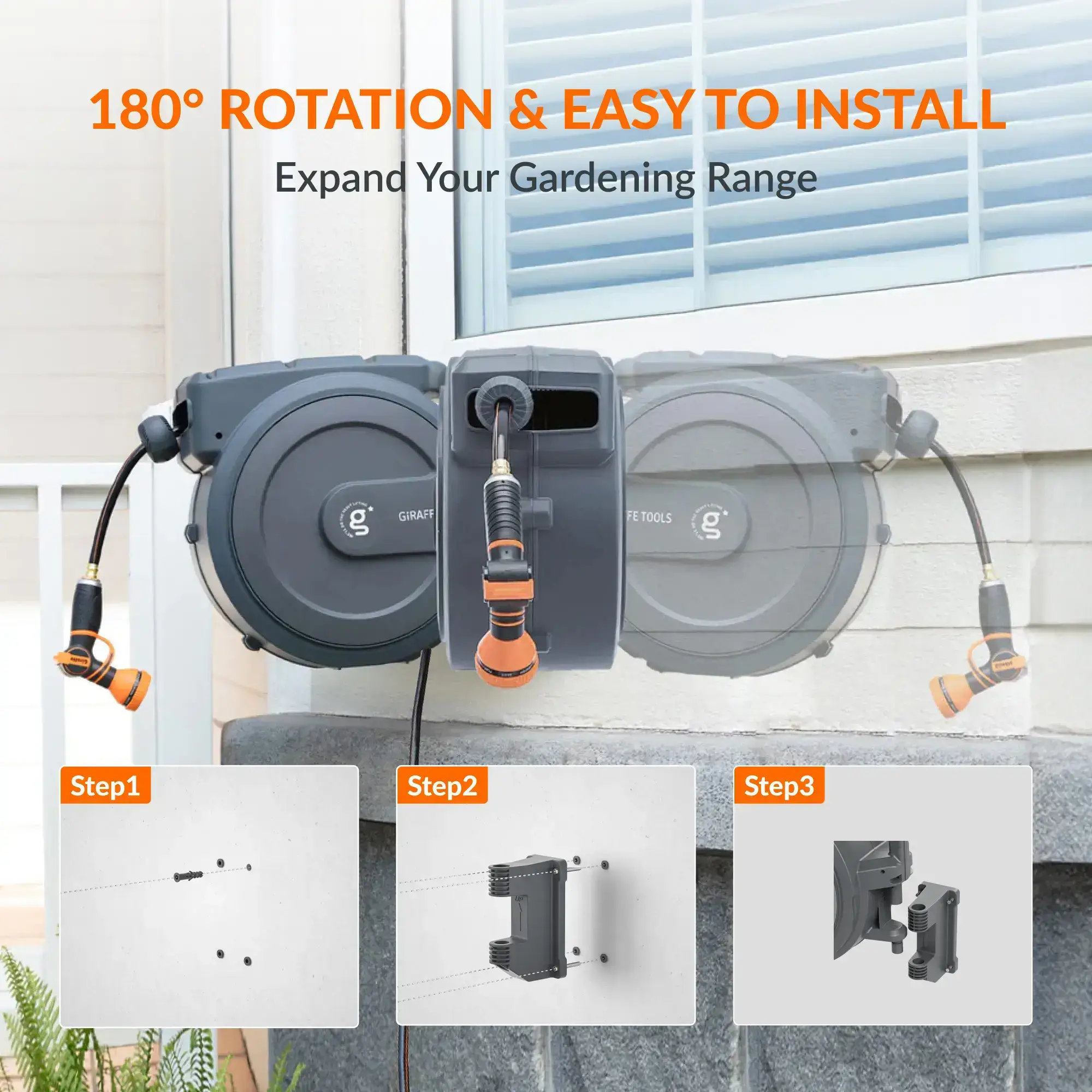 Giraffe Tools Tangle-Free Kink-Free Retractable Hose Reel 90ft-130ft AW Series Outdoor with DS Trigger Mechanism & G-Self-Layering System Adjustable Nozzle