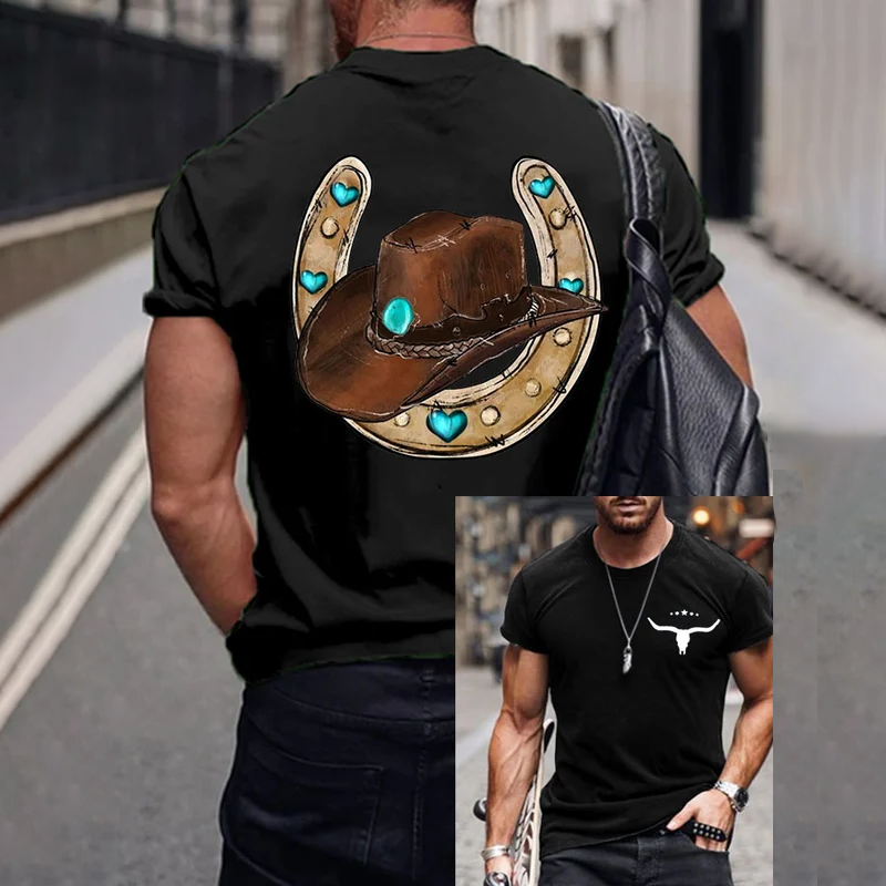Men'S Western Hat Print Short Sleeve T Shirt