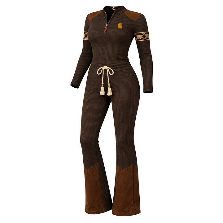 Women's Vintage Brown Ribbed Jumpsuit With Suede Accents