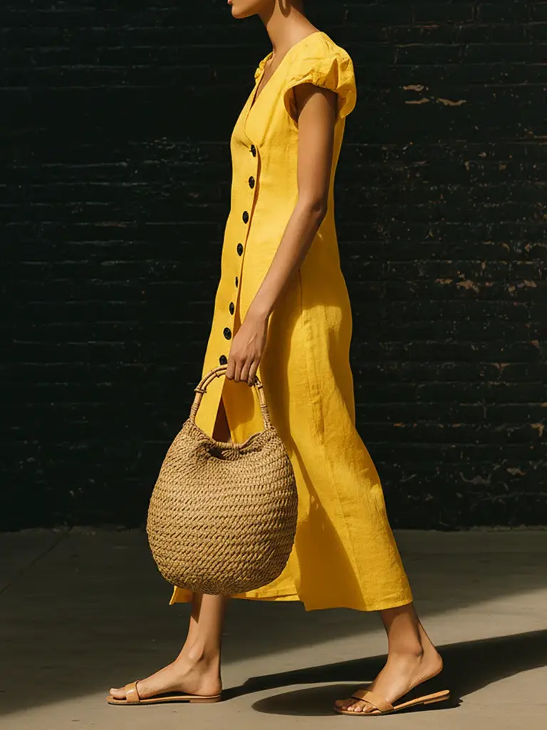 🔥Summer Arrivals🌟Elegant V-neck Button-up Linen Midi Dress