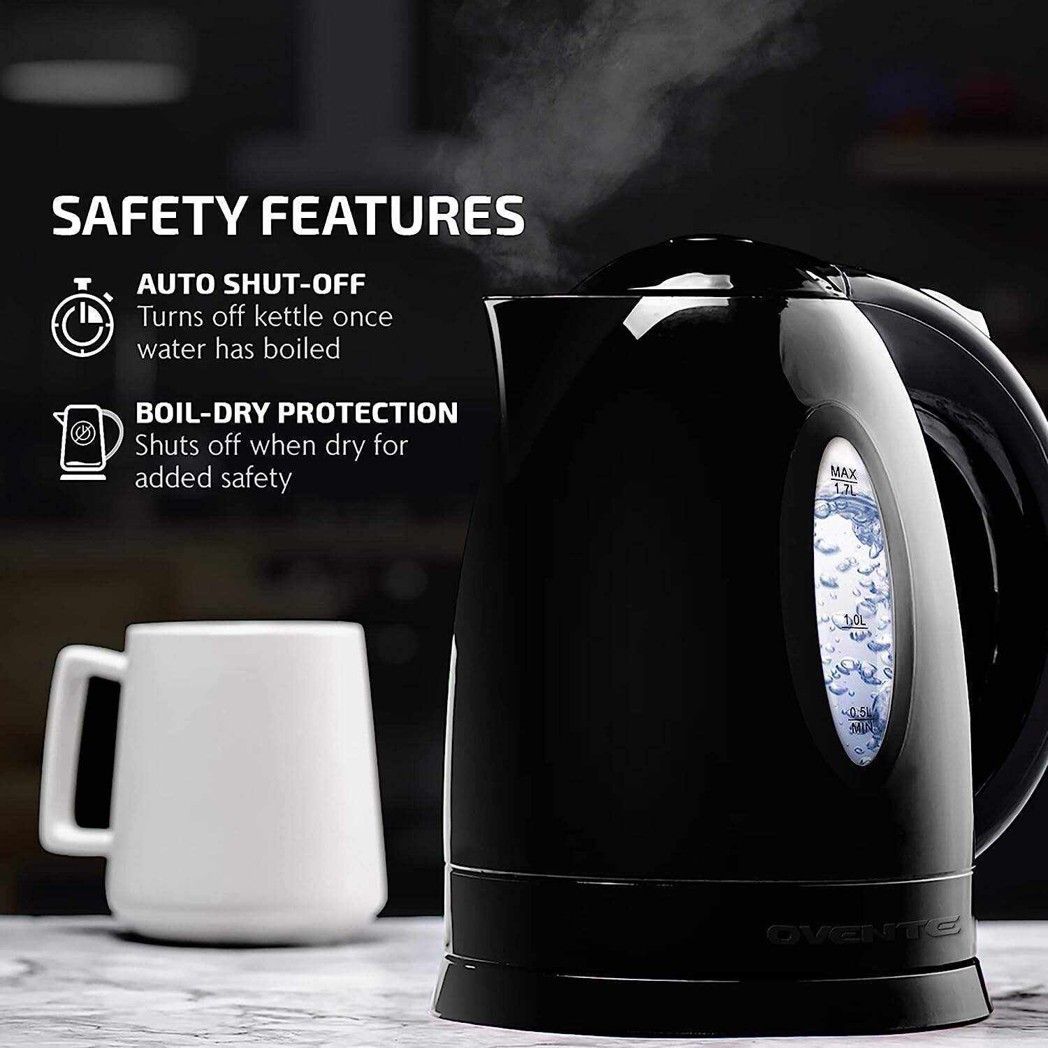 OVENTE Electric Kettle Hot Water Heater 1.7 Liter - BPA Free Fast Boiling Cordless Water Warmer - Auto Shut Off Instant Water Boiler for Coffee & Tea Pot - White KP72W