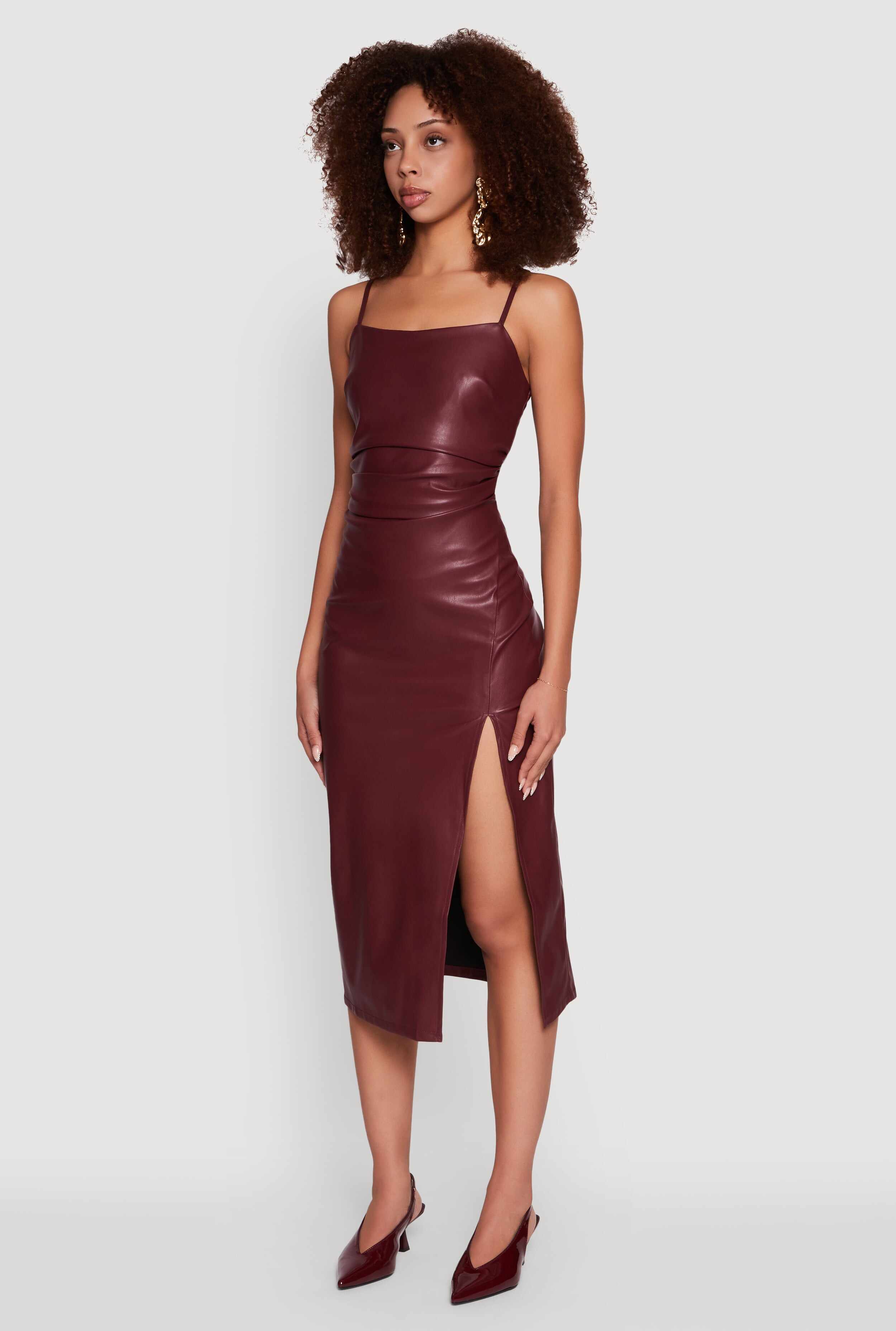 Faux Leather Square Neck Side Slit Midi Dress
