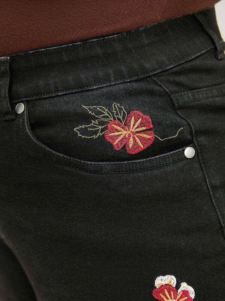 Very Stretchy High Rise Black Wash Floral Embroidered Jeans