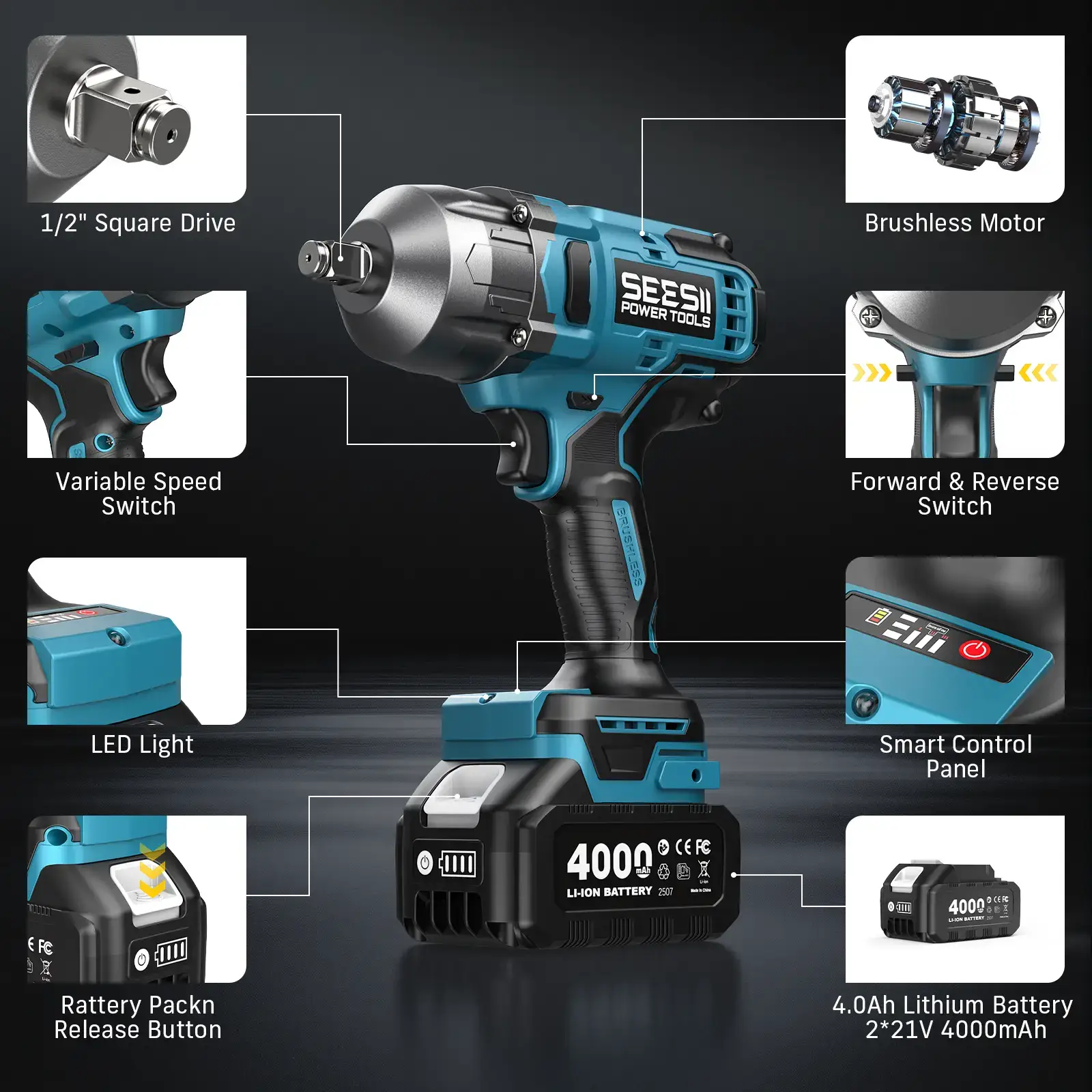 Cordless Brushless Impact Wrench WH860 Ultra 1300Nm High Torque 2x 21V 4.0Ah Li-ion Batteries 3-Speed Gear LED Light Full Accessories Kit for Agricultural Machinery Trucks Car Repair Home Use