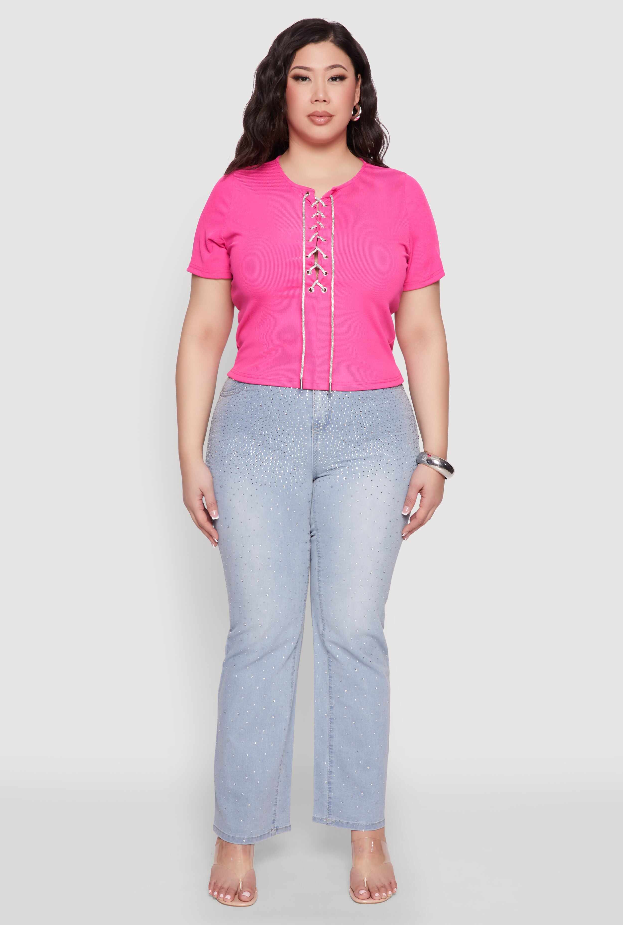 Plus Size Rhinestone Lace Up Short Sleeve Top