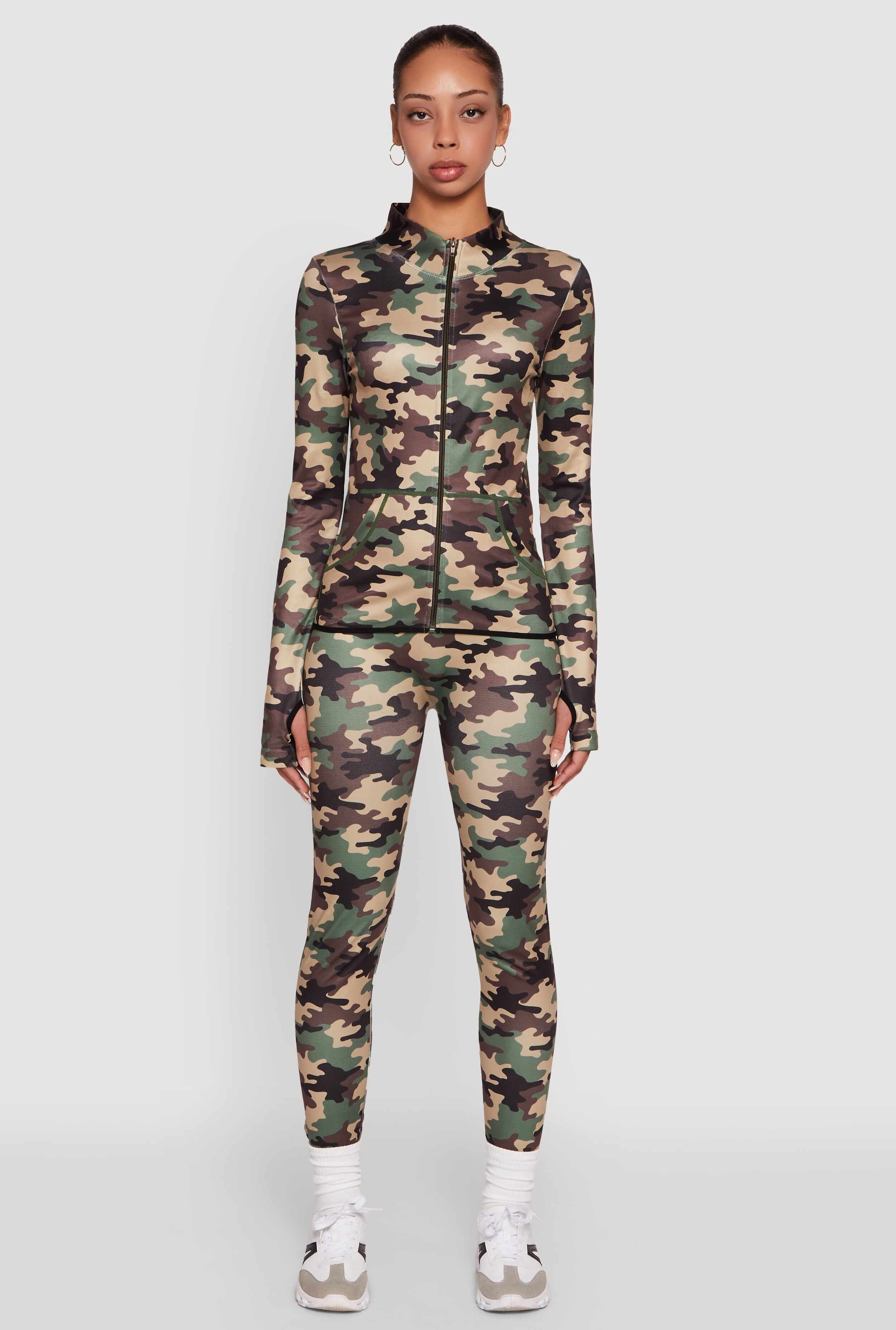 Camouflage Mock Neck Jacket with Thumb Holes