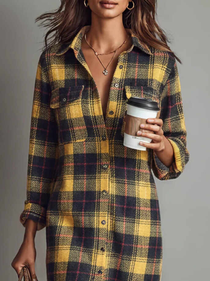 Flannel Plaid Long Sleeve Shirt Midi Dress