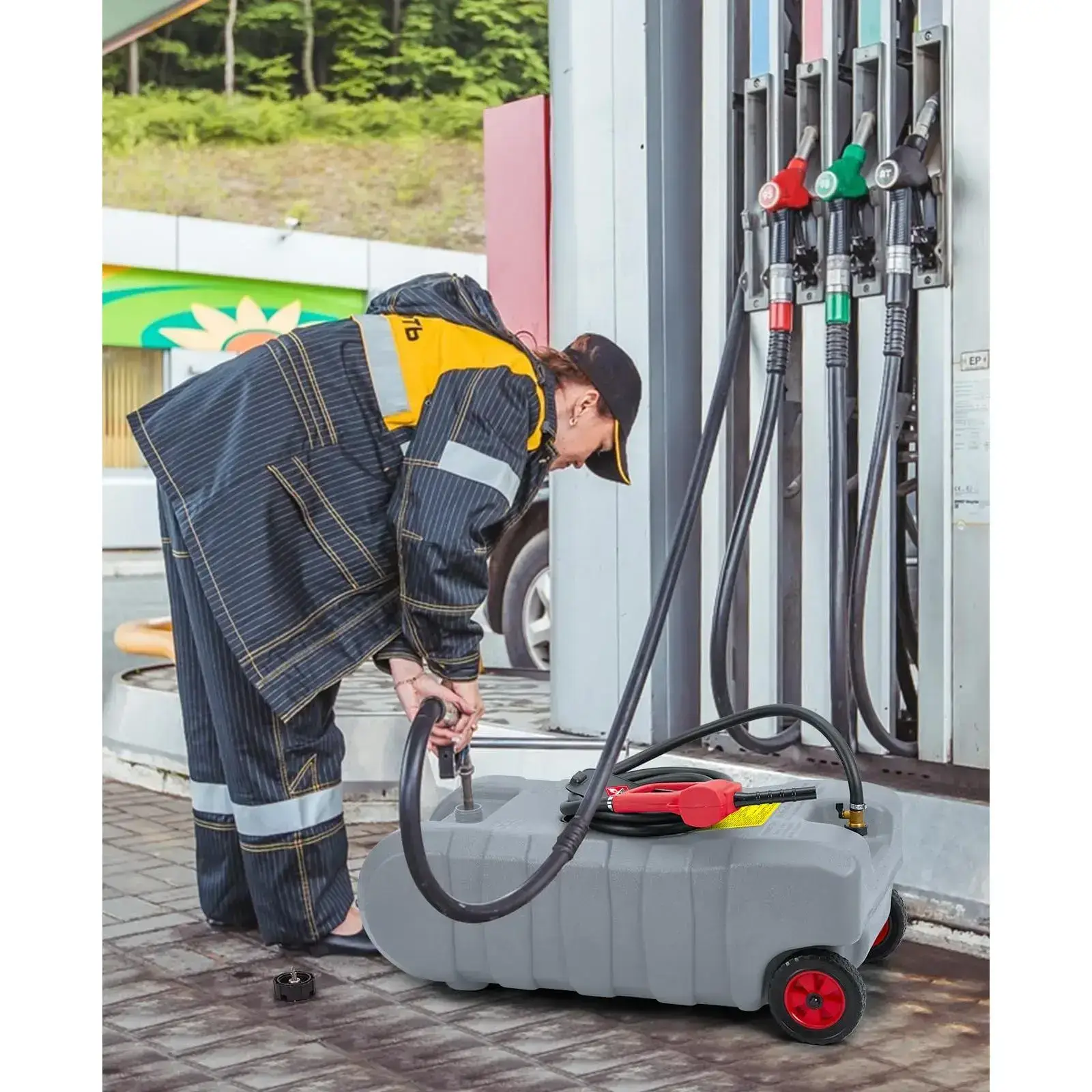 15 Gallon Portable Fuel Caddy with 10-ft Hose, Siphon Pump, and 7.5 L/min Manual Nozzle, Available in Gray, Red, and Yellow for Efficient Fuel Transfer and Storage.