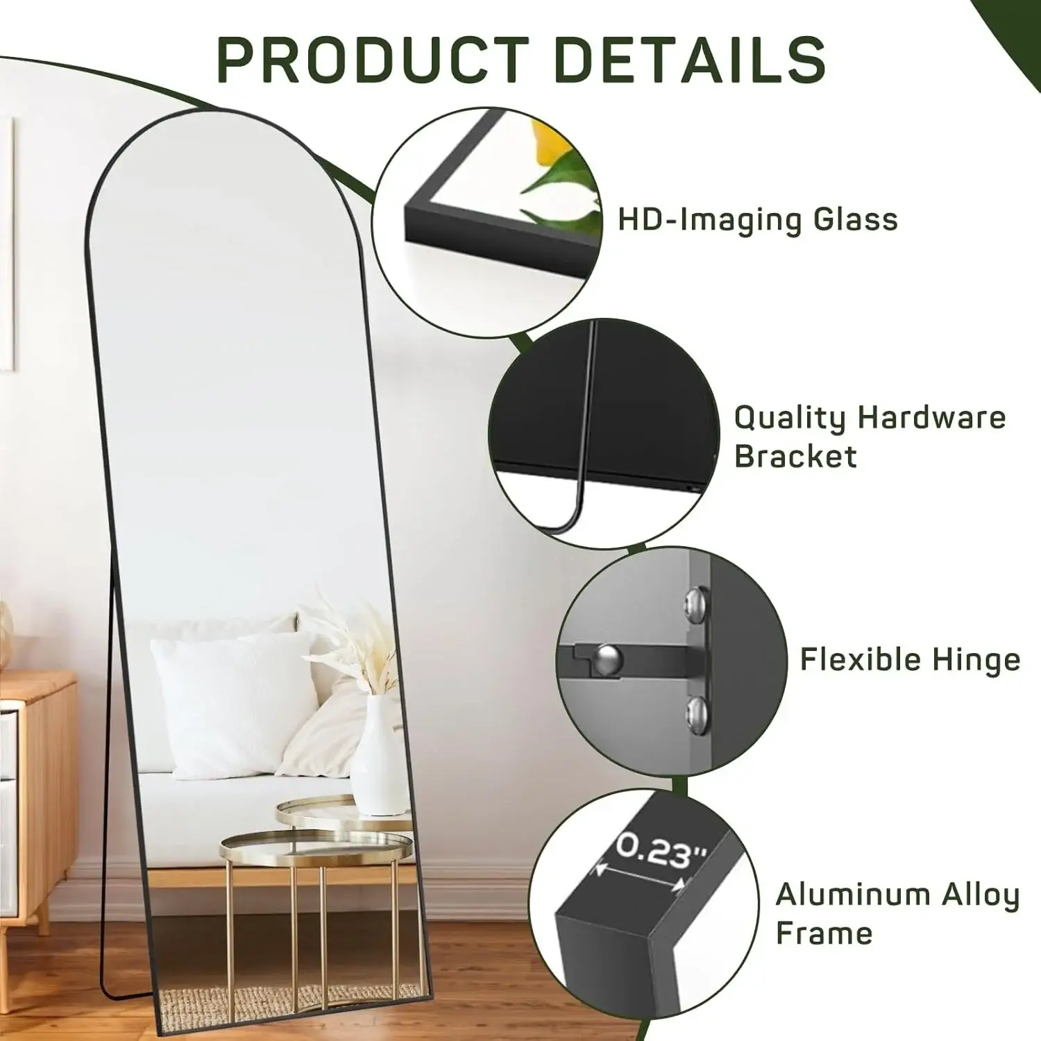 Full Length Mirror with Stand, Floor Mirror with Aluminum Alloy Frame for Bedroom, Standing Full Body Mirror for Wall, Cloakroom