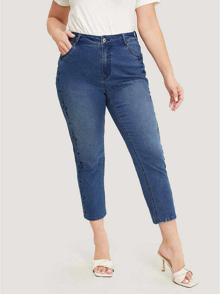 Very Stretchy Medium Wash Geometric Embroidered Jeans