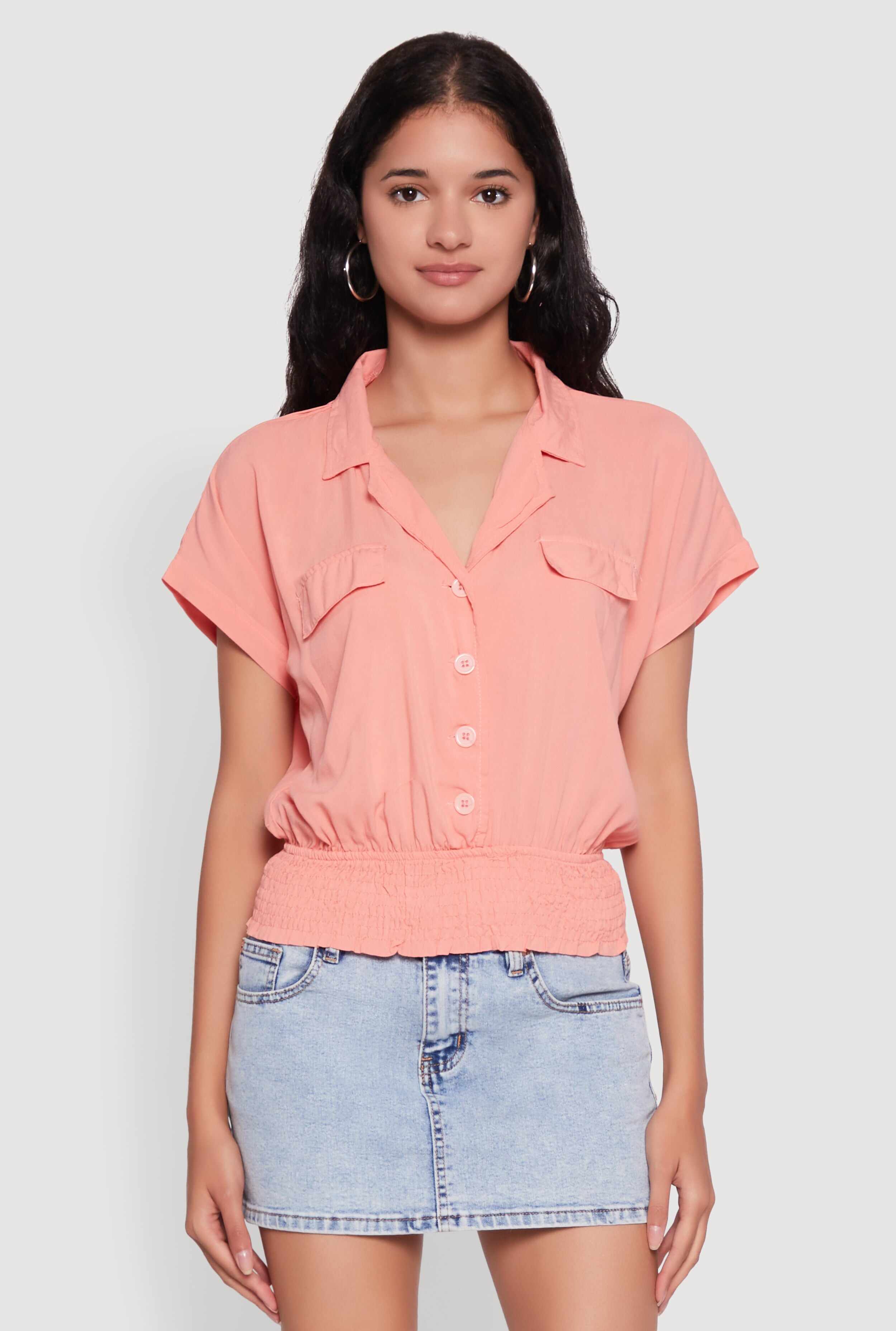 Trendy Button Front Smocked Waist Blouse
