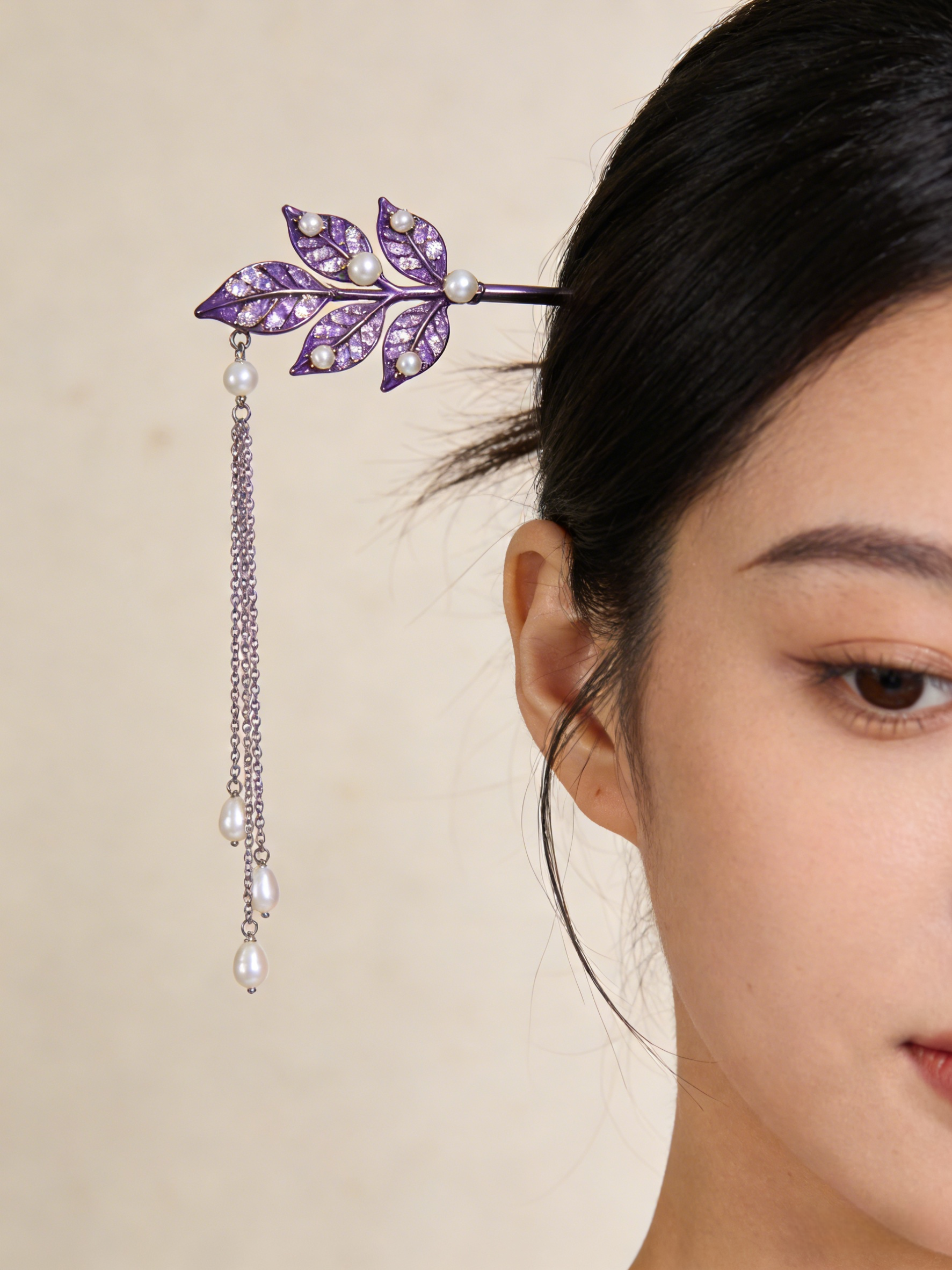 Elegant Purple Alloy Zircon Pearl Leaf Tassel Hairpin