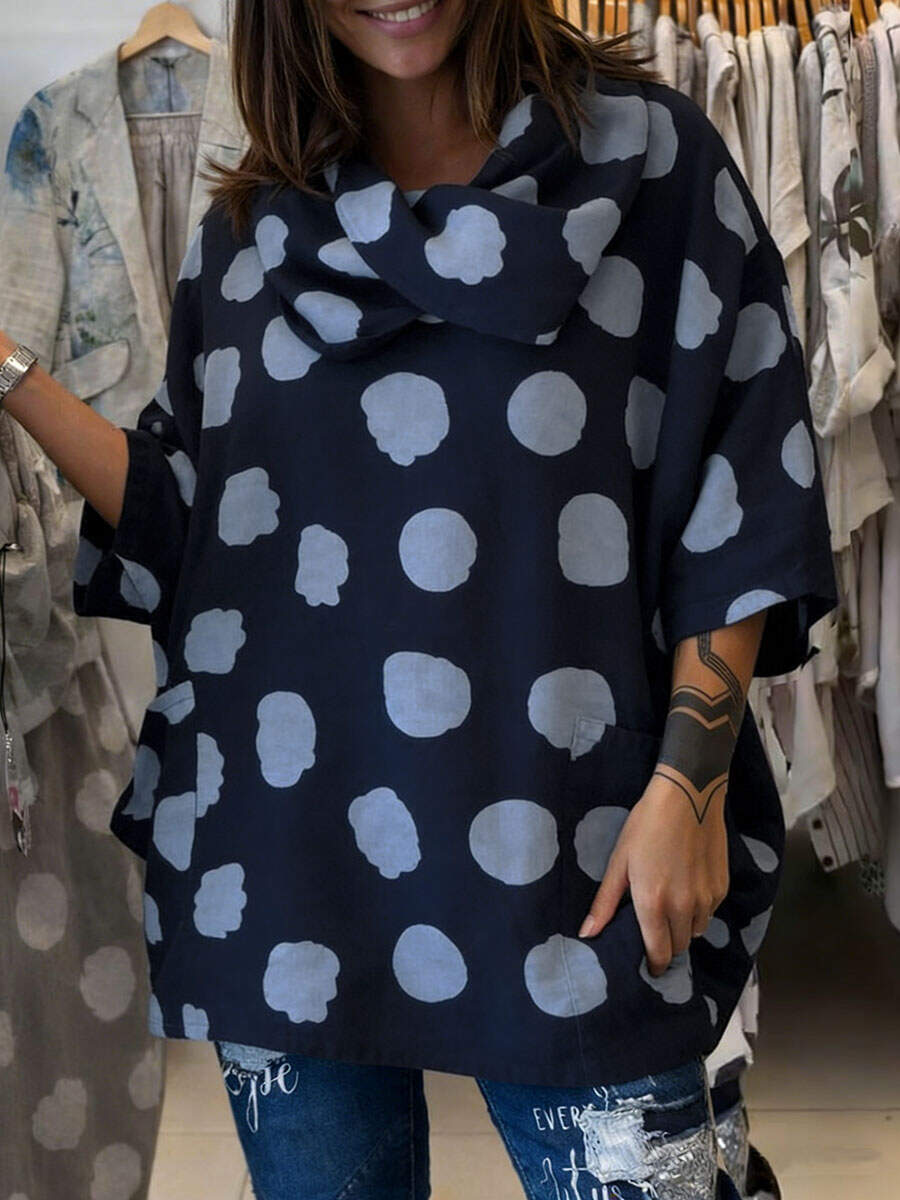 🔥Summer Arrivals🌟Women's Polka Dot Print Swing Collar 3/4 Sleeve Casual Loose Cotton And Linen Top