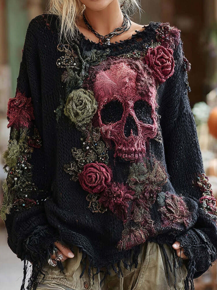 Rose And Skull Embroidered Gothic Chunky Knit Sweater