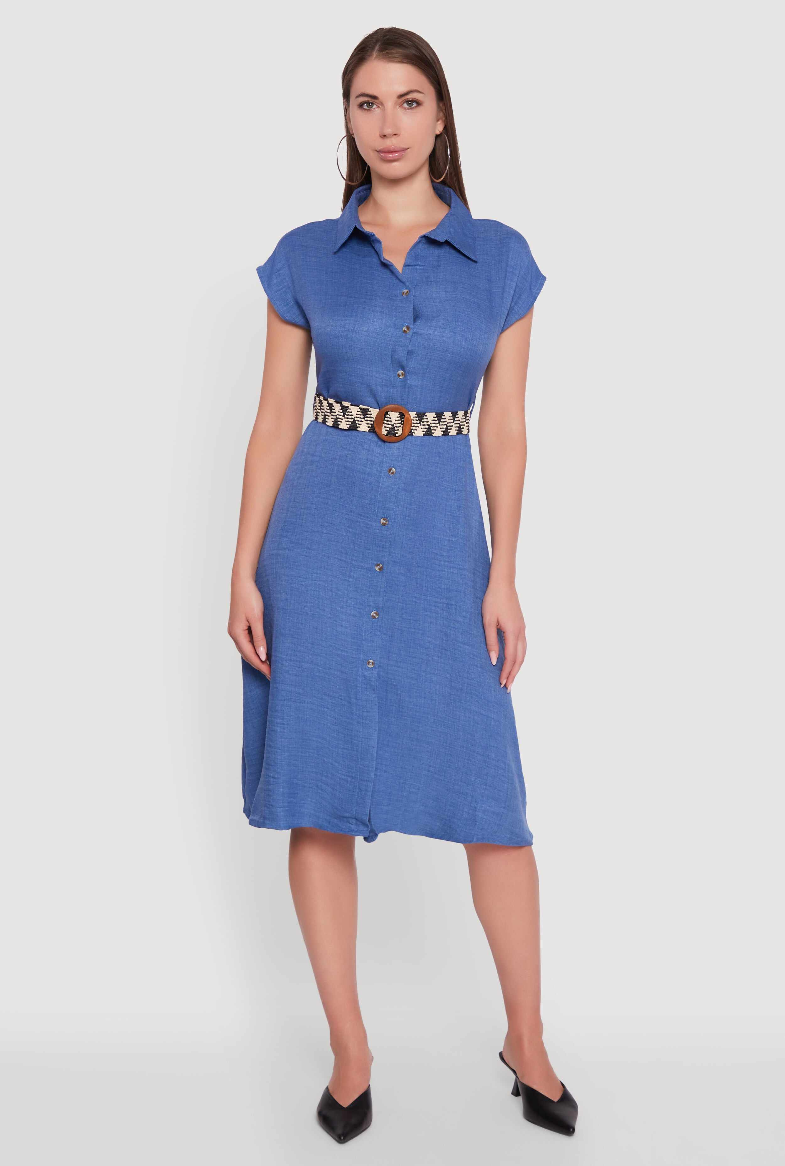 Classic Fit Midi Dress with Belt and Cap Sleeves