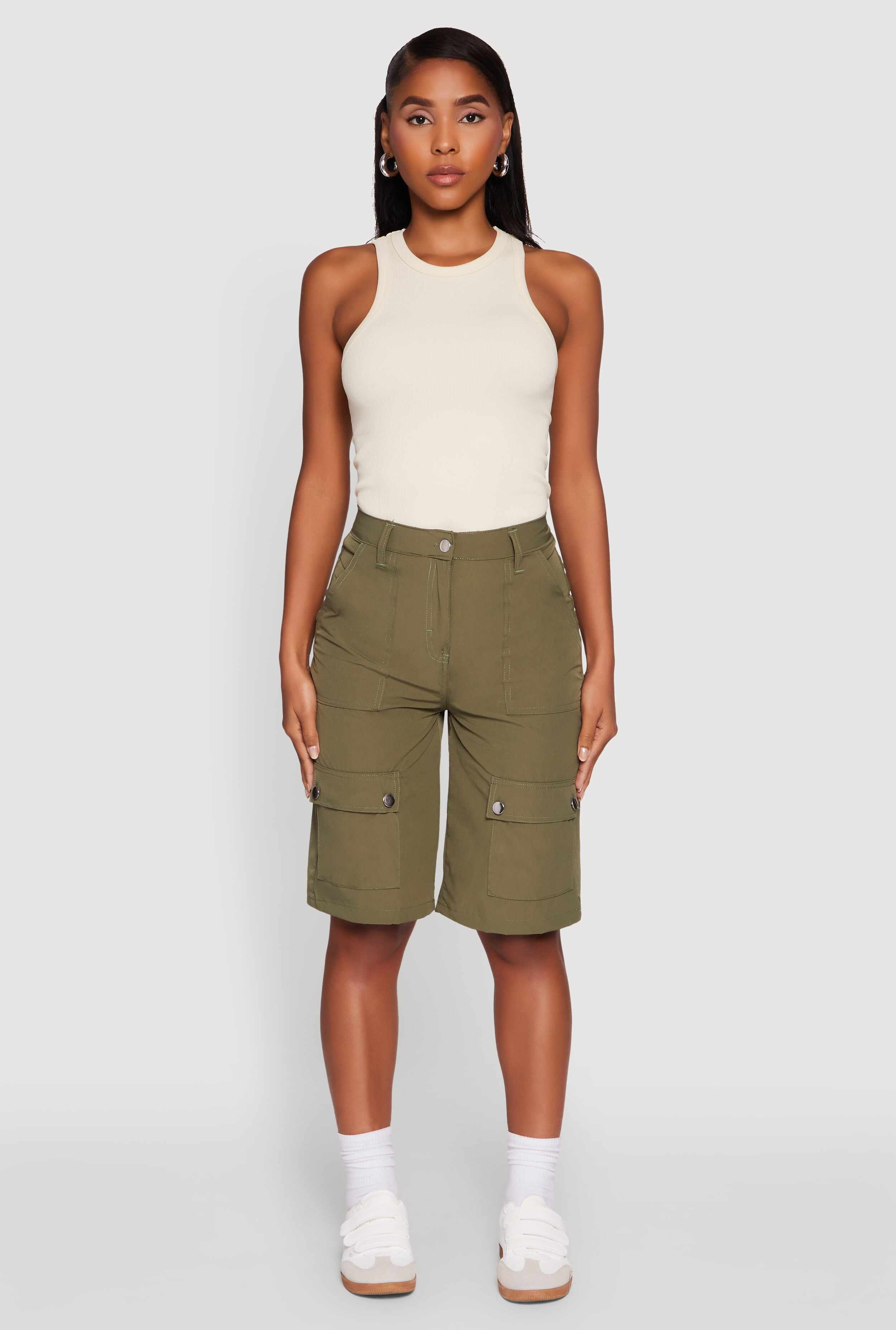 Trendy High Waisted Nylon Cargo Shorts