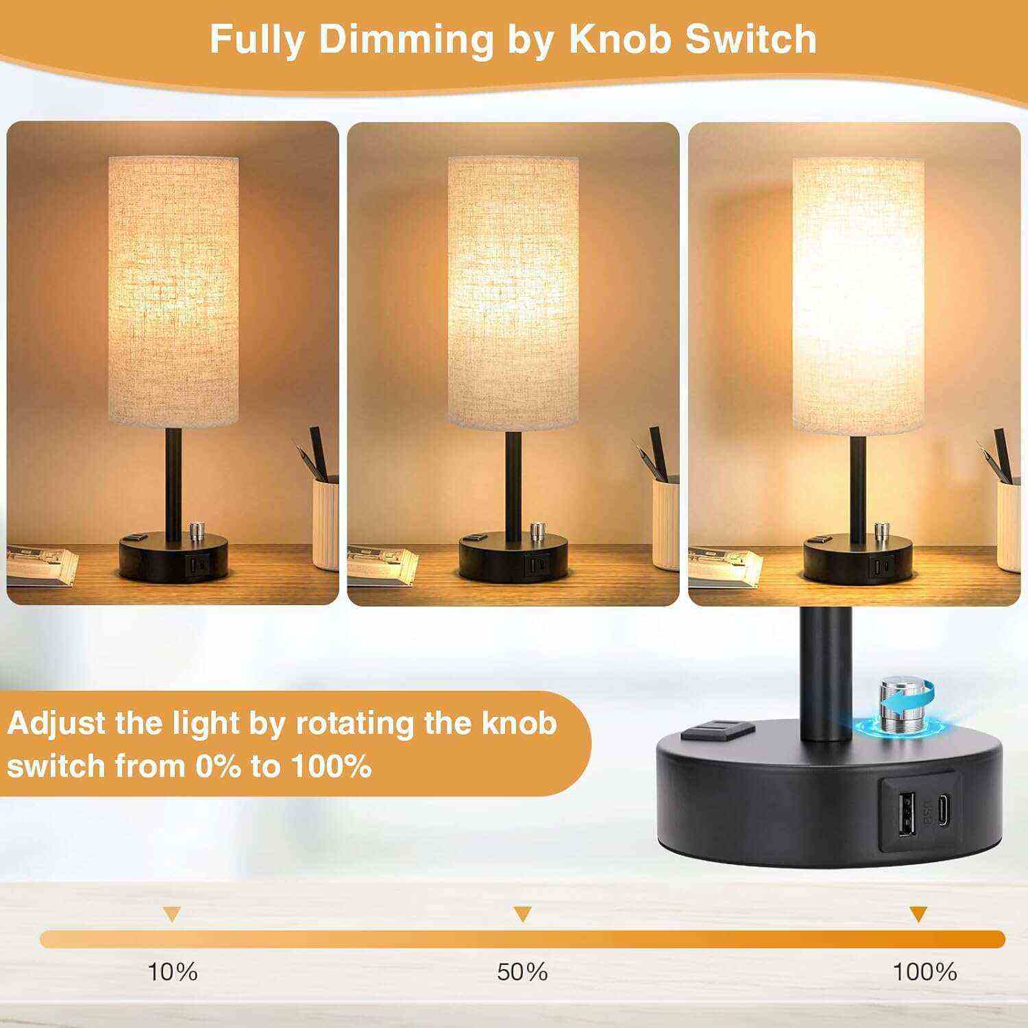 Bedside Table Lamp for Bedroom - 3 Way Dimmable Touch Lamp USB C Charging Ports and AC Outlet, Small Lamp Wood Base Round Flaxen Fabric Shade for Living Room, Desk, LED Bulb Included