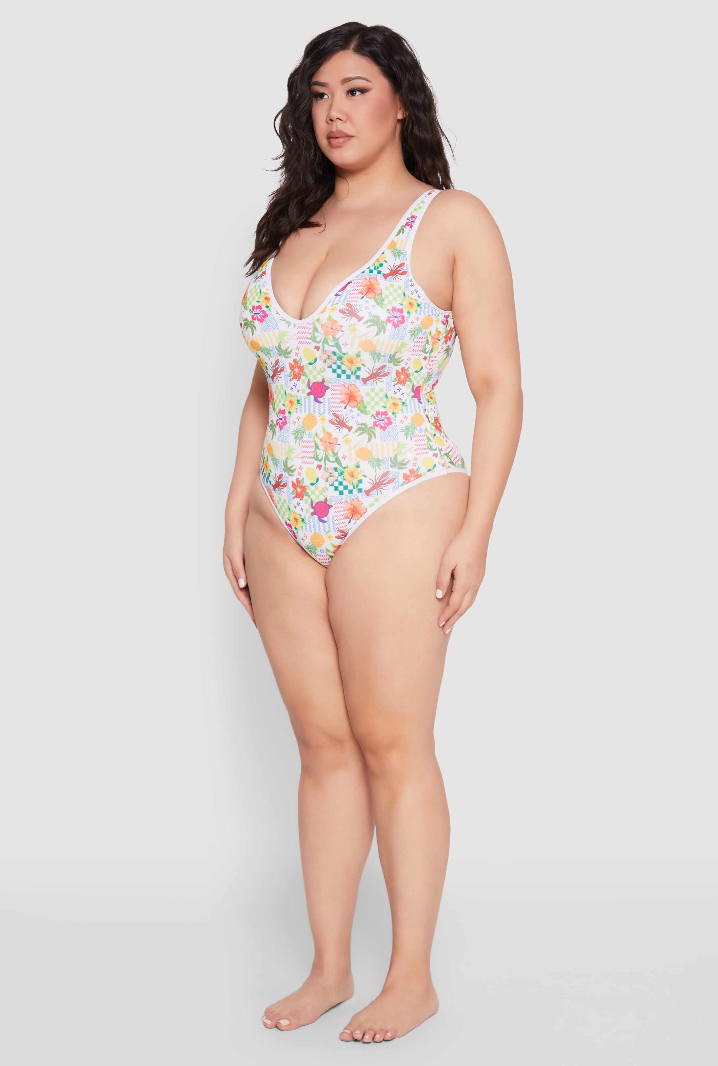 Plus Size Turtle Tropical Floral Print One Piece Swimsuit