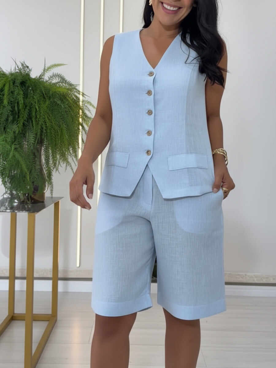 🔥Summer Arrivals🌟Casual Linen And Cotton Vest And Bermuda Shorts Two-piece Set