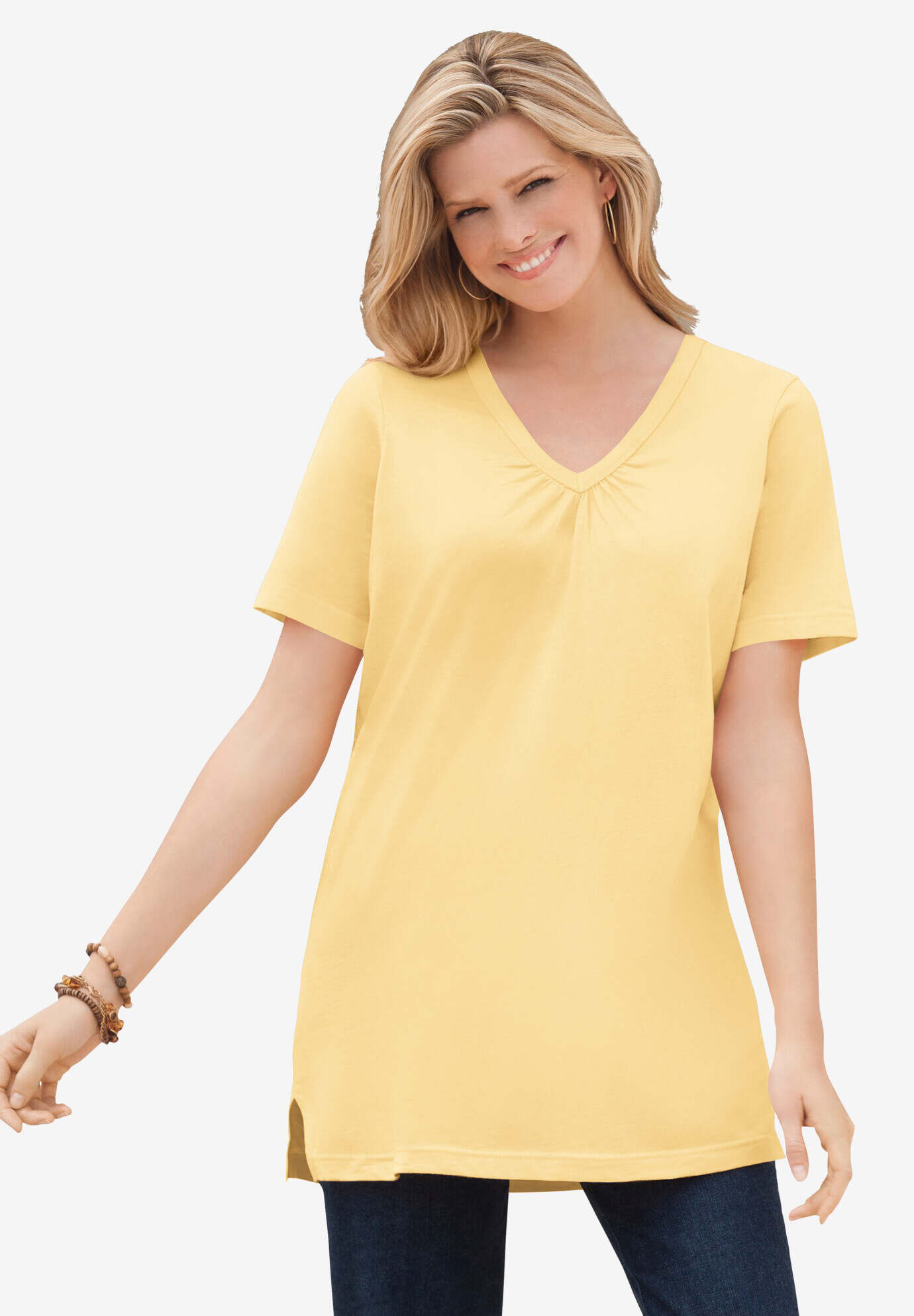 Perfect Short-Sleeve Shirred V-Neck Tunic