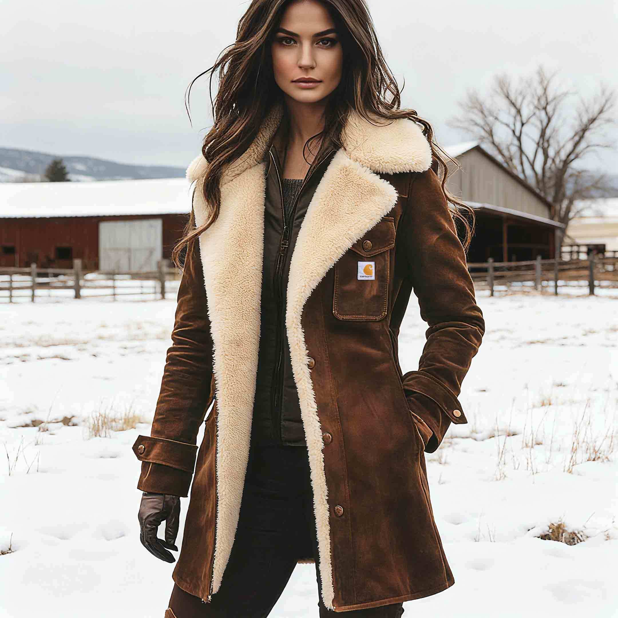 Women's Carhartt Vintage Brown Suede Fleece Lapel Collar Mid-Length Shearling Coat Jacket