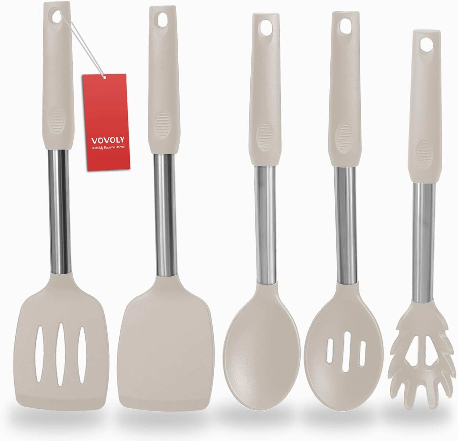 Silicone Spatula and Cooking Spoon,5 Pack Non-Stick Cooking Utensils for Kitchen，Heat Resistant Solid & Slotted Spoons and Spatulas, Stainless Steel Handle Coated with Silicone,Red