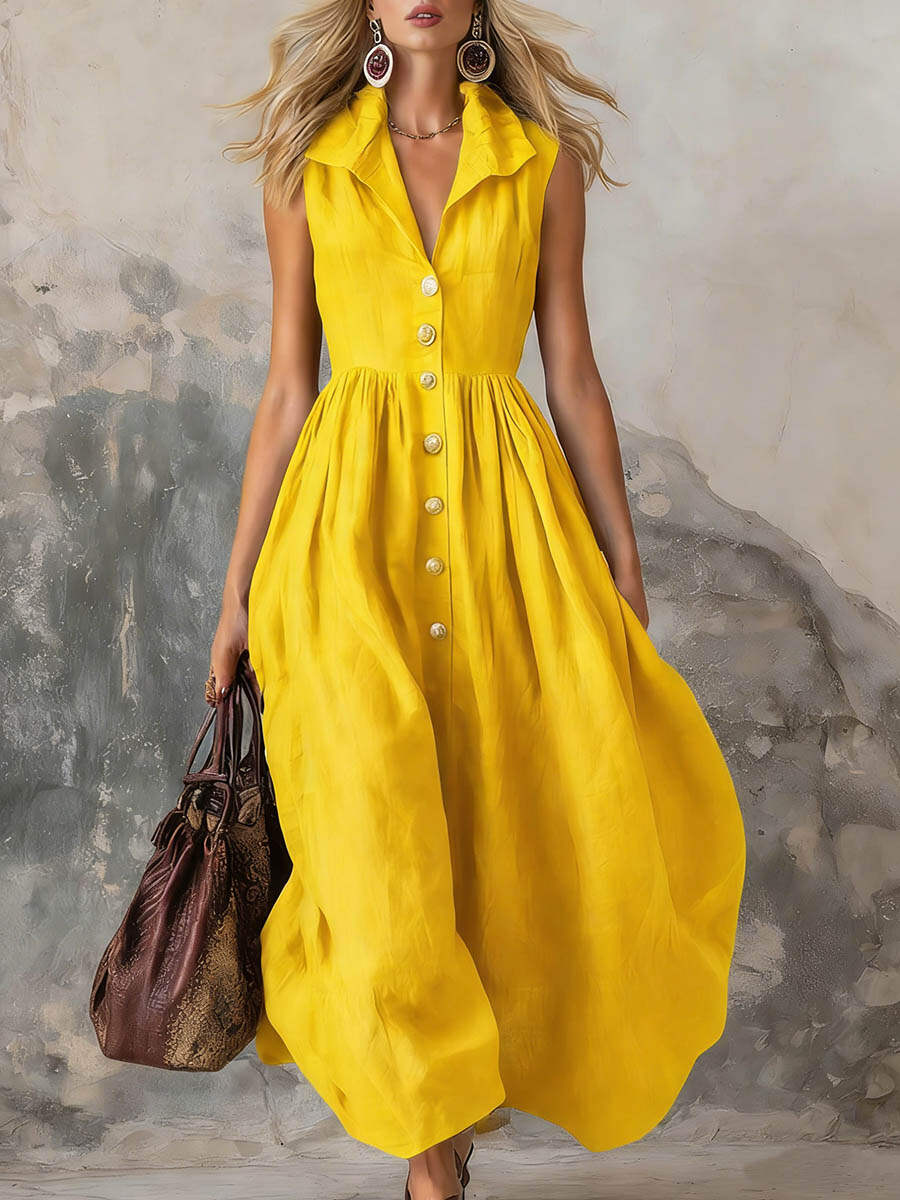 🔥Summer Arrivals🌟Women's Solid Color Lapel Sleeveless Casual Loose Cotton Dress