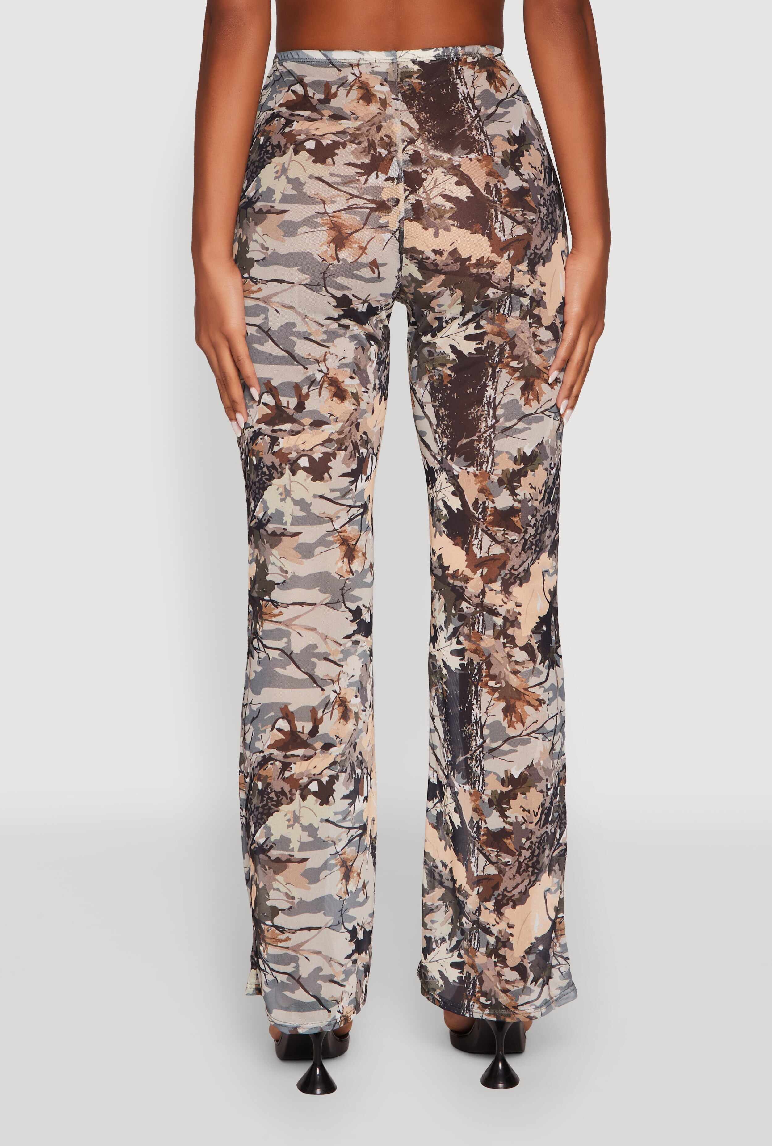 Camo Leaf Print Mesh Casual Pants