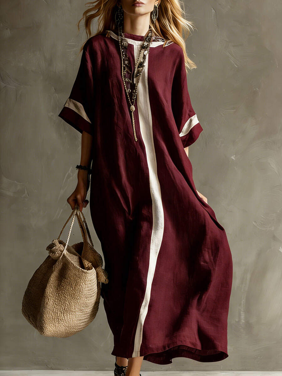 🔥Summer Arrivals🌟Women's Round Neck 3/4 Sleeve Casual Loose Cotton And Linen Dress