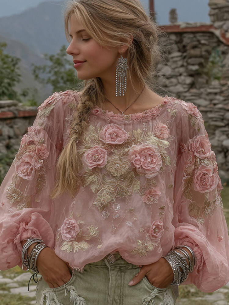 Elegant Boho Pink Roses Embroidered Cozy Linen Tunic