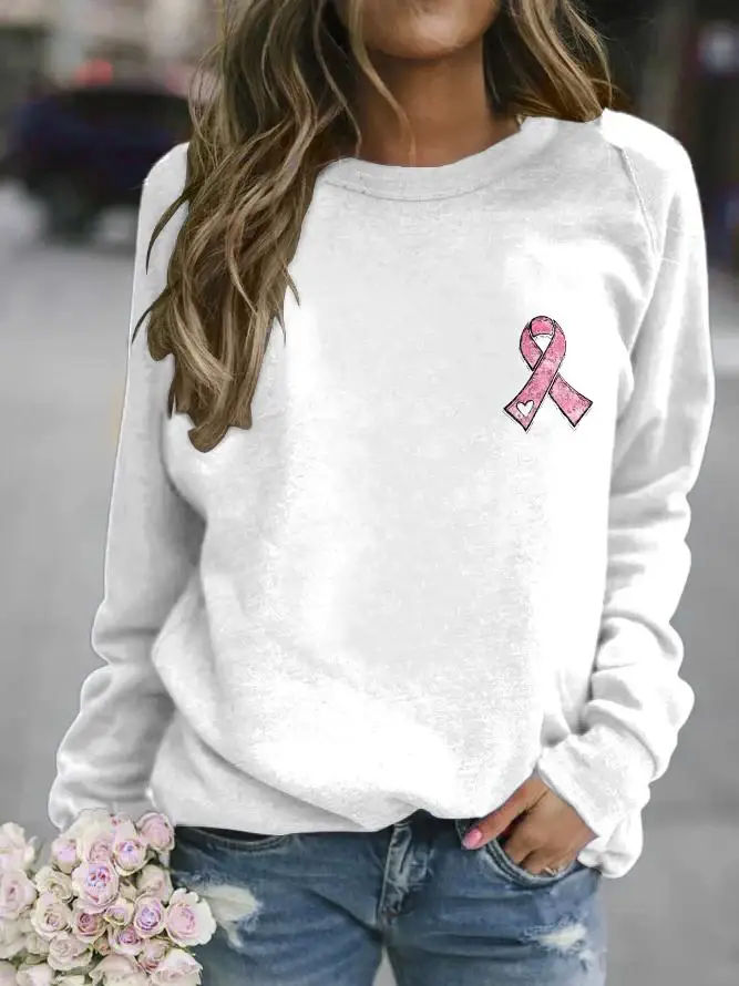Women's Pink Ribbon Breast Cancer Awareness Warrior Supporter Print Casual Sweatshirt